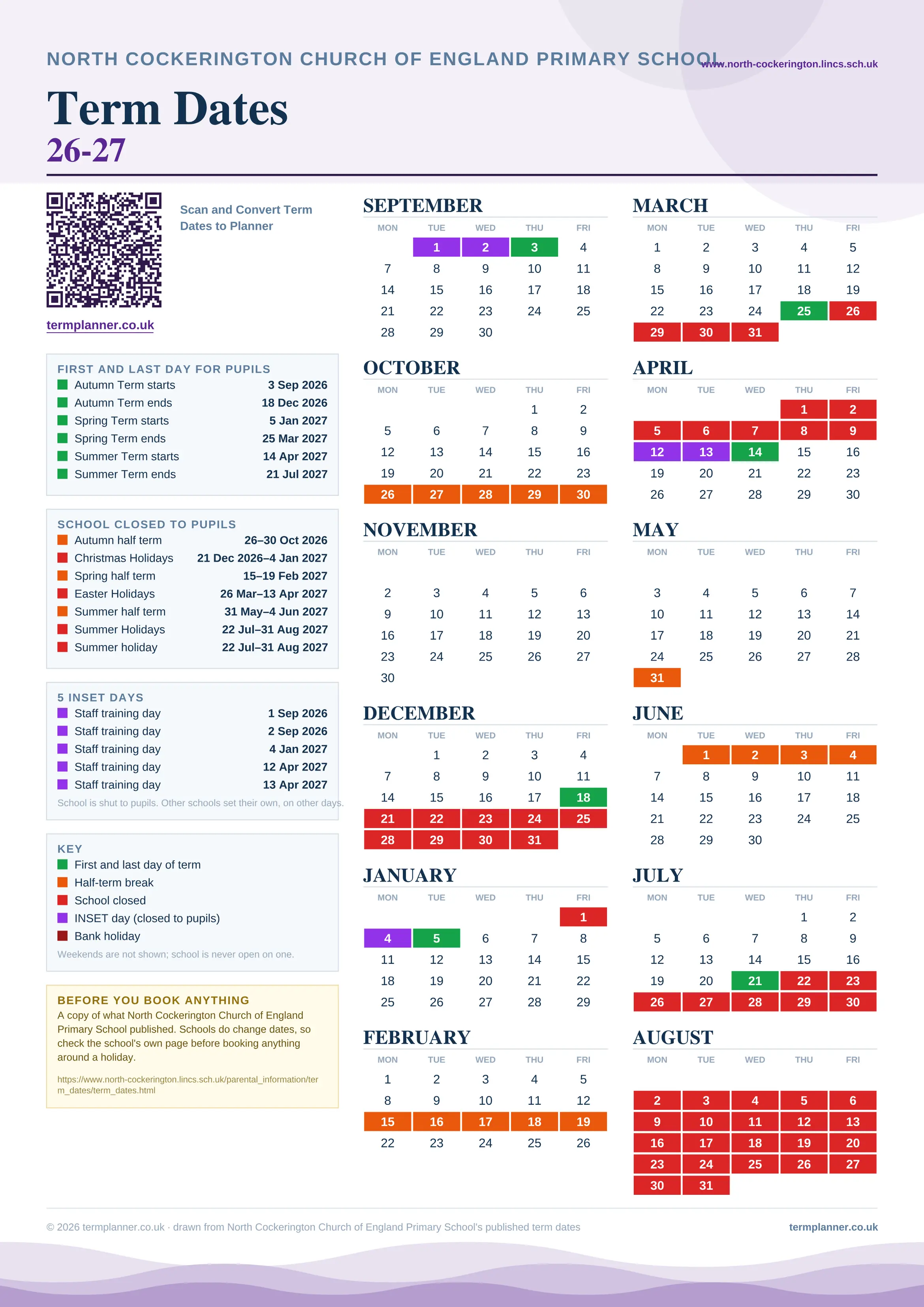 North Cockerington Church of England Primary School’s 2026/27 school year drawn as one sheet: twelve month grids from September to August, Monday to Friday, with autumn term 3 September to 18 December 2026, spring term 5 January to 25 March 2027, summer term 14 April to 21 July 2027. Half terms, holidays and bank holidays are filled in colour, the first and last day of each term is marked, 5 INSET days are picked out, and every date is listed again in words down the left.