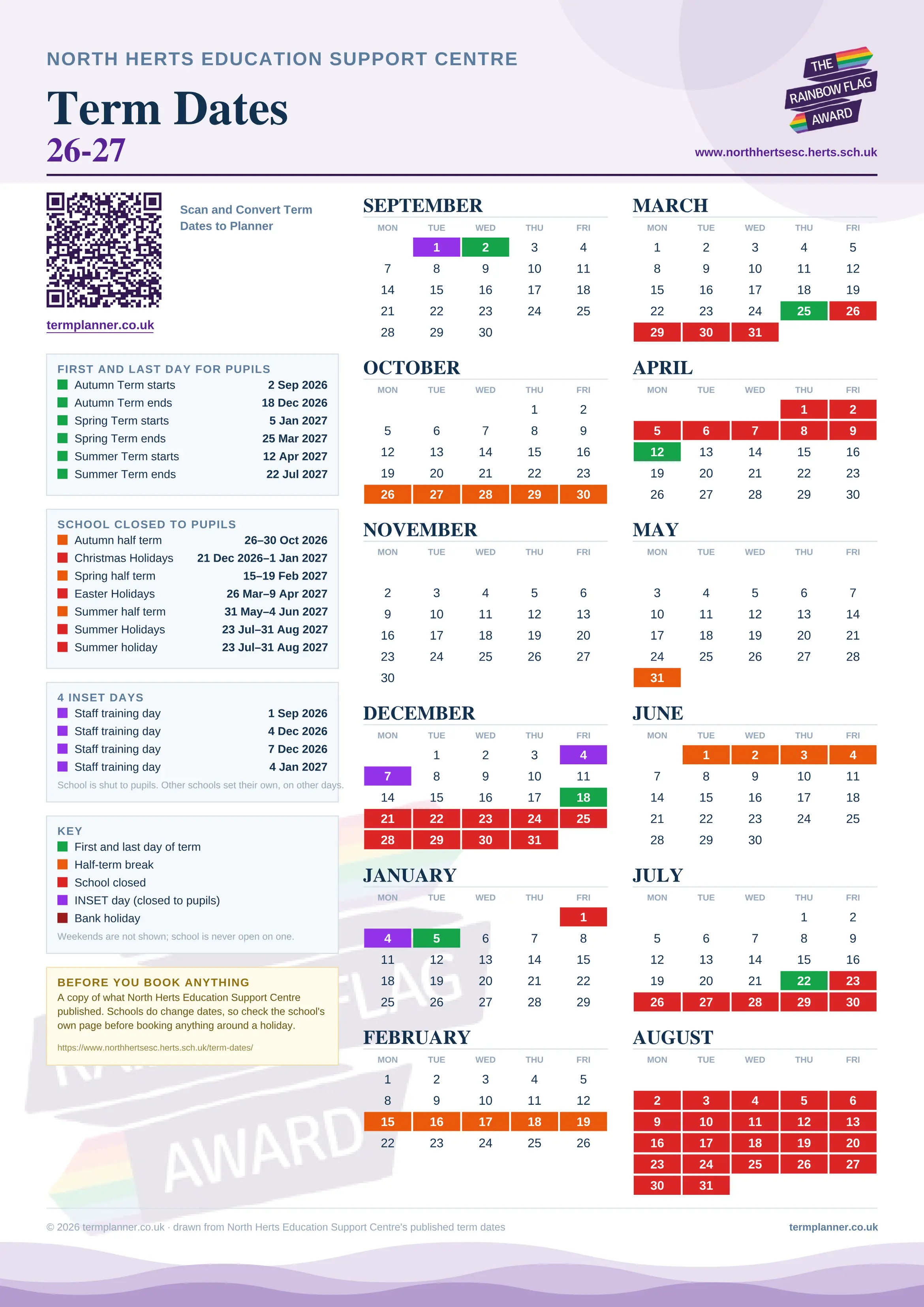North Herts Education Support Centre’s 2026/27 school year drawn as one sheet: twelve month grids from September to August, Monday to Friday, with autumn term 2 September to 18 December 2026, spring term 5 January to 25 March 2027, summer term 12 April to 22 July 2027. Half terms, holidays and bank holidays are filled in colour, the first and last day of each term is marked, 4 INSET days are picked out, and every date is listed again in words down the left.