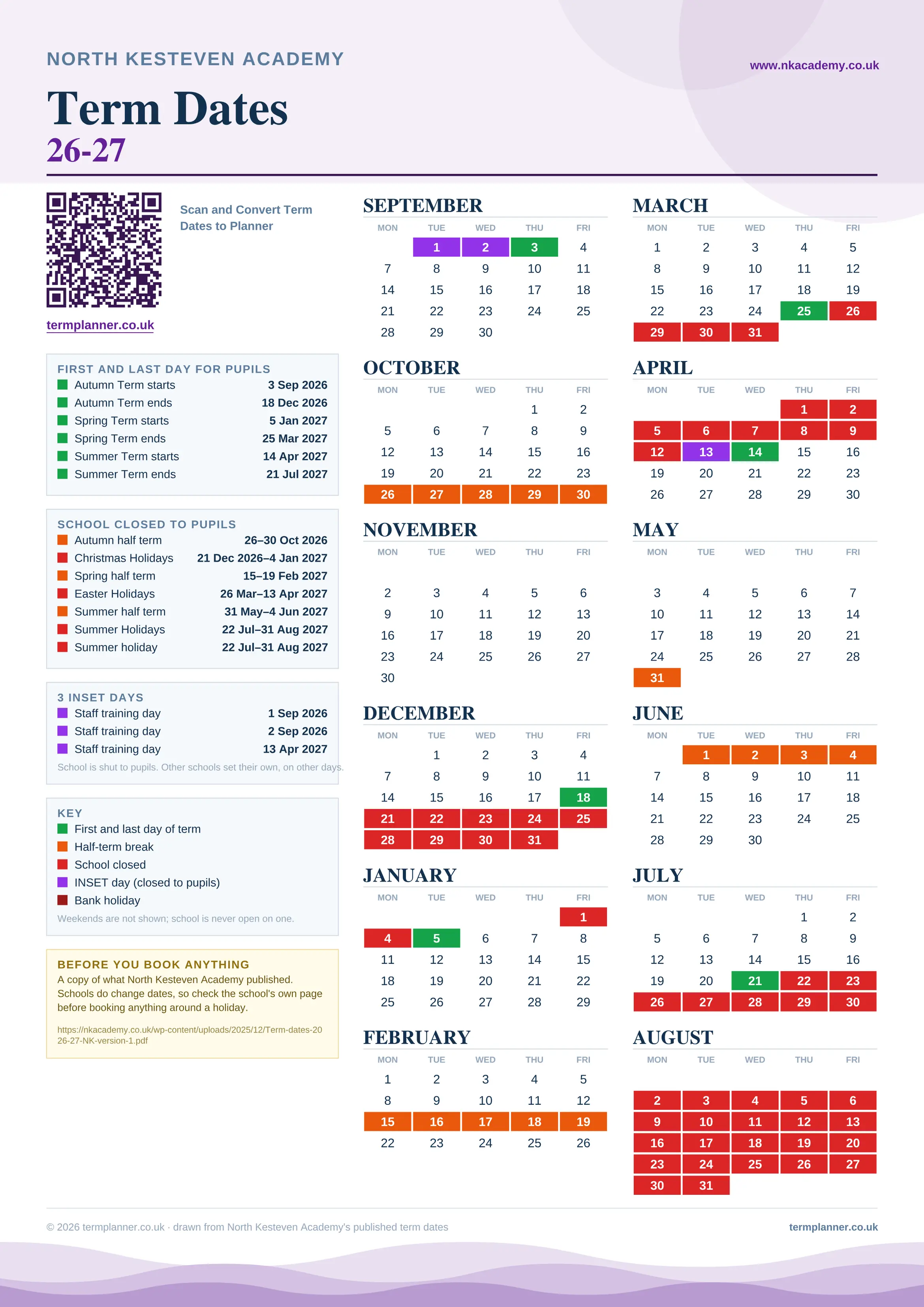 North Kesteven Academy’s 2026/27 school year drawn as one sheet: twelve month grids from September to August, Monday to Friday, with autumn term 3 September to 18 December 2026, spring term 5 January to 25 March 2027, summer term 14 April to 21 July 2027. Half terms, holidays and bank holidays are filled in colour, the first and last day of each term is marked, 3 INSET days are picked out, and every date is listed again in words down the left.