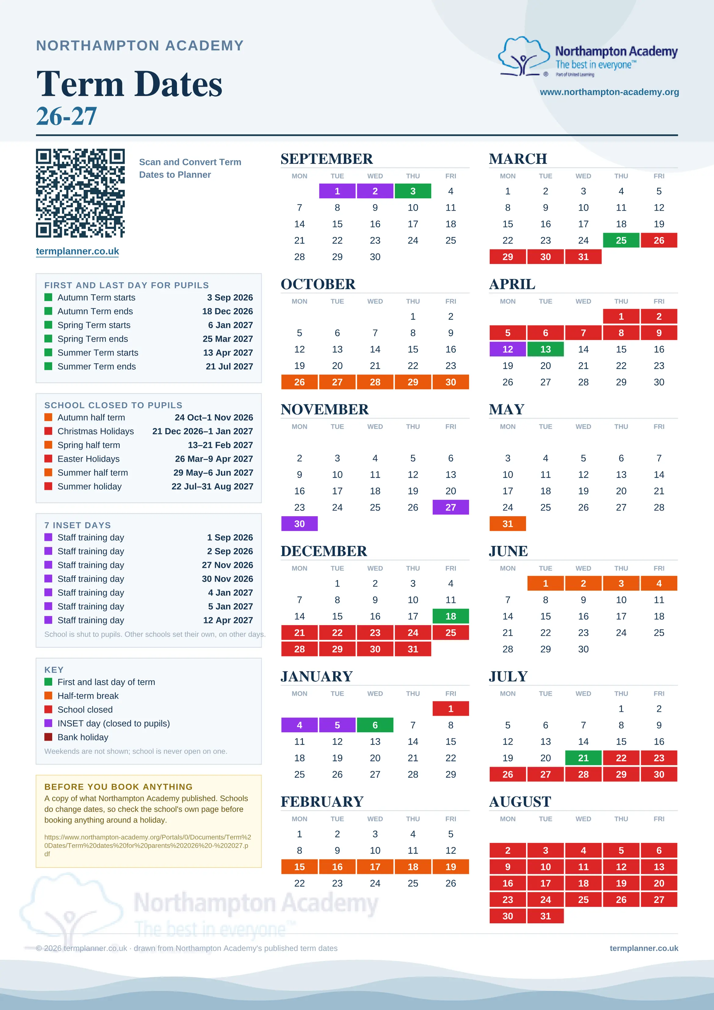 Northampton Academy’s 2026/27 school year drawn as one sheet: twelve month grids from September to August, Monday to Friday, with autumn term 3 September to 18 December 2026, spring term 6 January to 25 March 2027, summer term 13 April to 21 July 2027. Half terms, holidays and bank holidays are filled in colour, the first and last day of each term is marked, 7 INSET days are picked out, and every date is listed again in words down the left.
