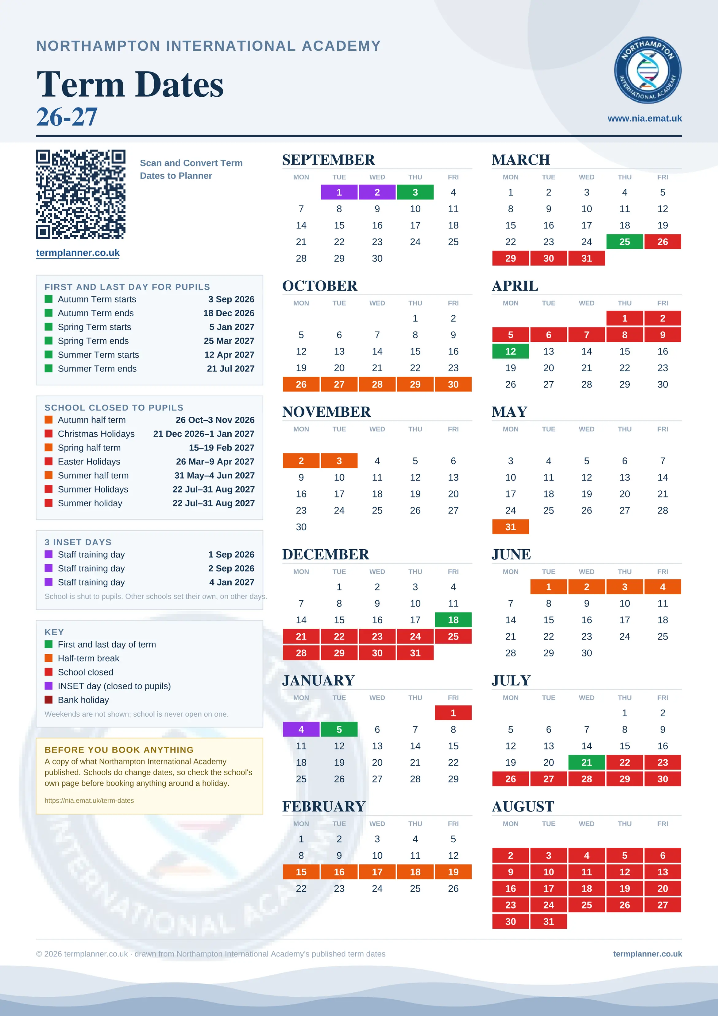 Northampton International Academy’s 2026/27 school year drawn as one sheet: twelve month grids from September to August, Monday to Friday, with autumn term 3 September to 18 December 2026, spring term 5 January to 25 March 2027, summer term 12 April to 21 July 2027. Half terms, holidays and bank holidays are filled in colour, the first and last day of each term is marked, 3 INSET days are picked out, and every date is listed again in words down the left.