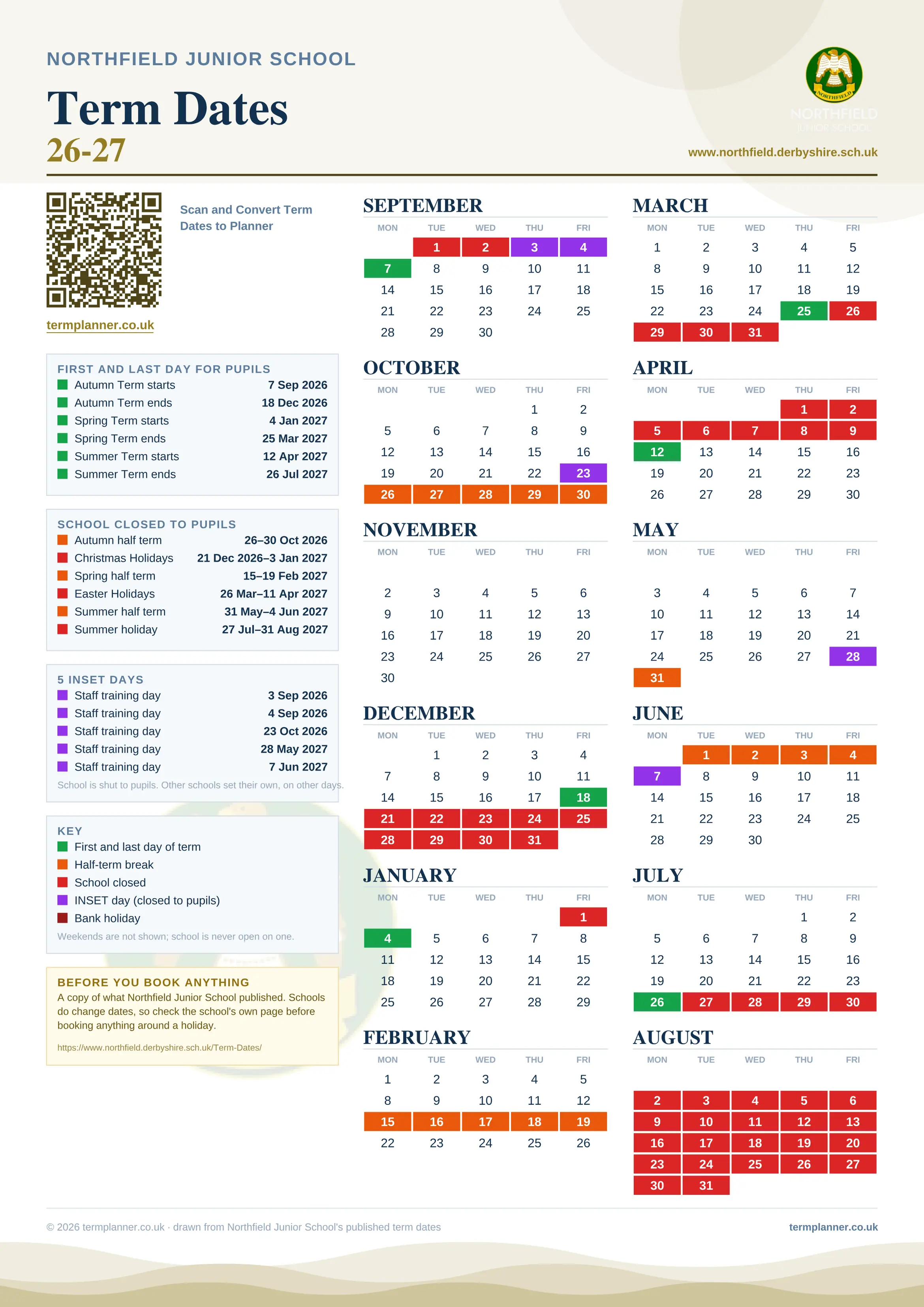 Northfield Junior School’s 2026/27 school year drawn as one sheet: twelve month grids from September to August, Monday to Friday, with autumn term 7 September to 18 December 2026, spring term 4 January to 25 March 2027, summer term 12 April to 26 July 2027. Half terms, holidays and bank holidays are filled in colour, the first and last day of each term is marked, 5 INSET days are picked out, and every date is listed again in words down the left.