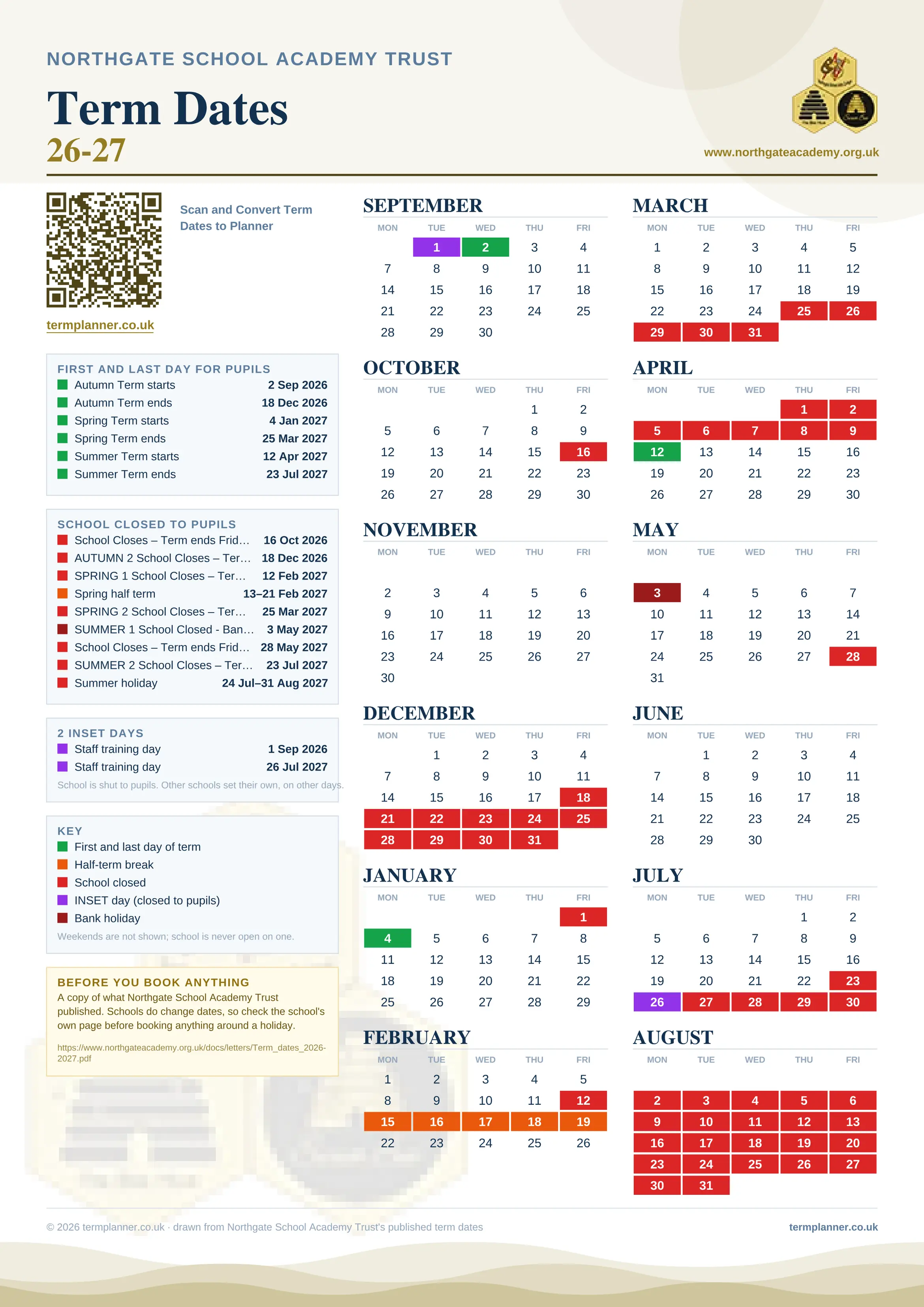 Northgate School Academy Trust’s 2026/27 school year drawn as one sheet: twelve month grids from September to August, Monday to Friday, with autumn term 2 September to 18 December 2026, spring term 4 January to 25 March 2027, summer term 12 April to 23 July 2027. Half terms, holidays and bank holidays are filled in colour, the first and last day of each term is marked, 2 INSET days are picked out, and every date is listed again in words down the left.