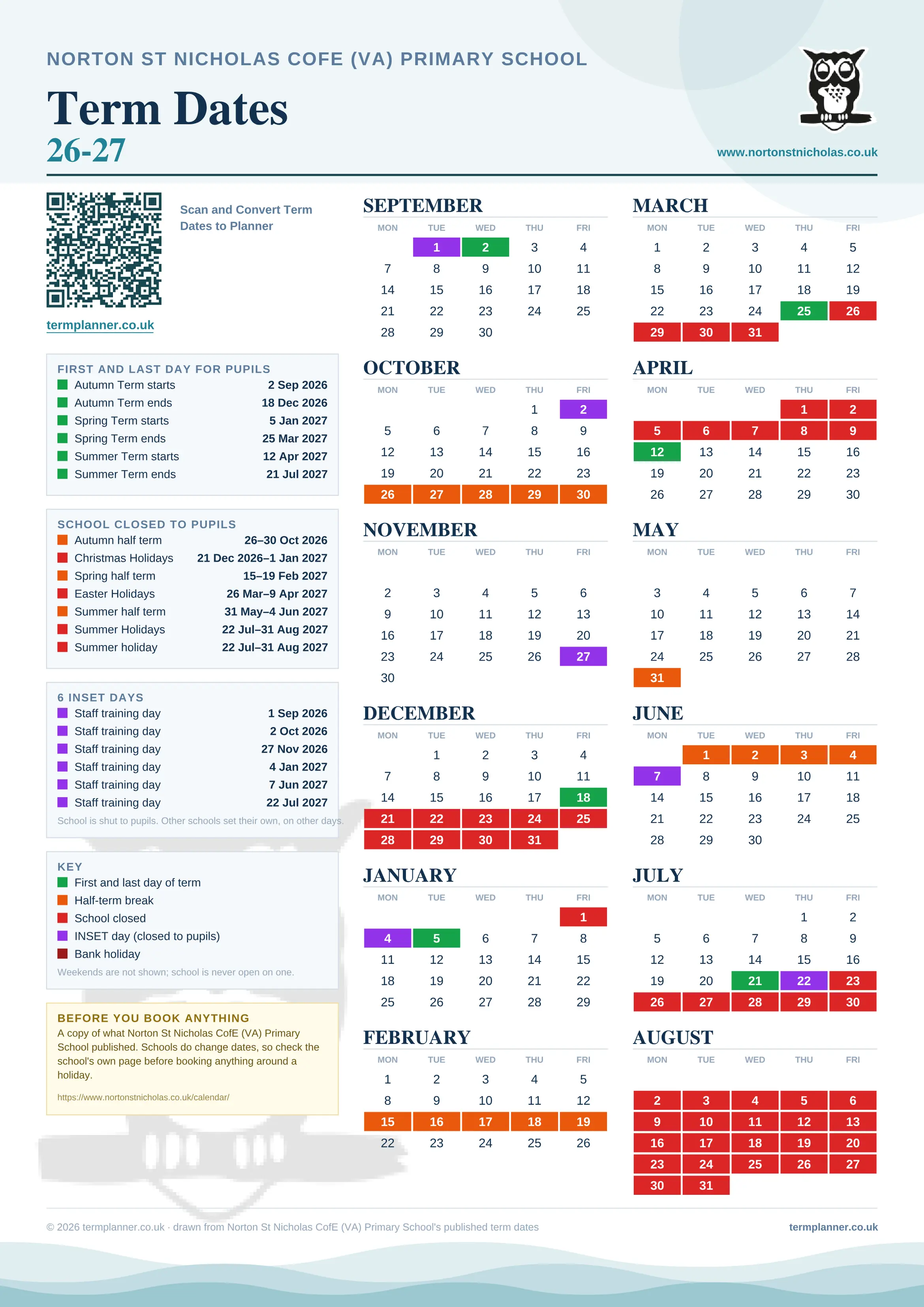 Norton St Nicholas CofE (VA) Primary School’s 2026/27 school year drawn as one sheet: twelve month grids from September to August, Monday to Friday, with autumn term 2 September to 18 December 2026, spring term 5 January to 25 March 2027, summer term 12 April to 21 July 2027. Half terms, holidays and bank holidays are filled in colour, the first and last day of each term is marked, 6 INSET days are picked out, and every date is listed again in words down the left.