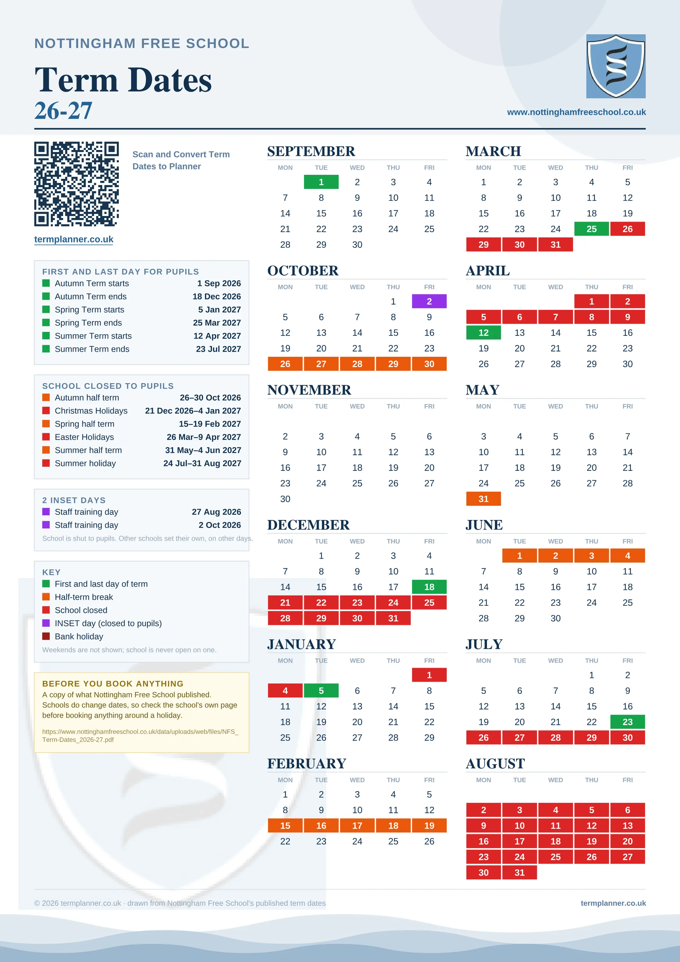 Nottingham Free School’s 2026/27 school year drawn as one sheet: twelve month grids from September to August, Monday to Friday, with autumn term 1 September to 18 December 2026, spring term 5 January to 25 March 2027, summer term 12 April to 23 July 2027. Half terms, holidays and bank holidays are filled in colour, the first and last day of each term is marked, 2 INSET days are picked out, and every date is listed again in words down the left.