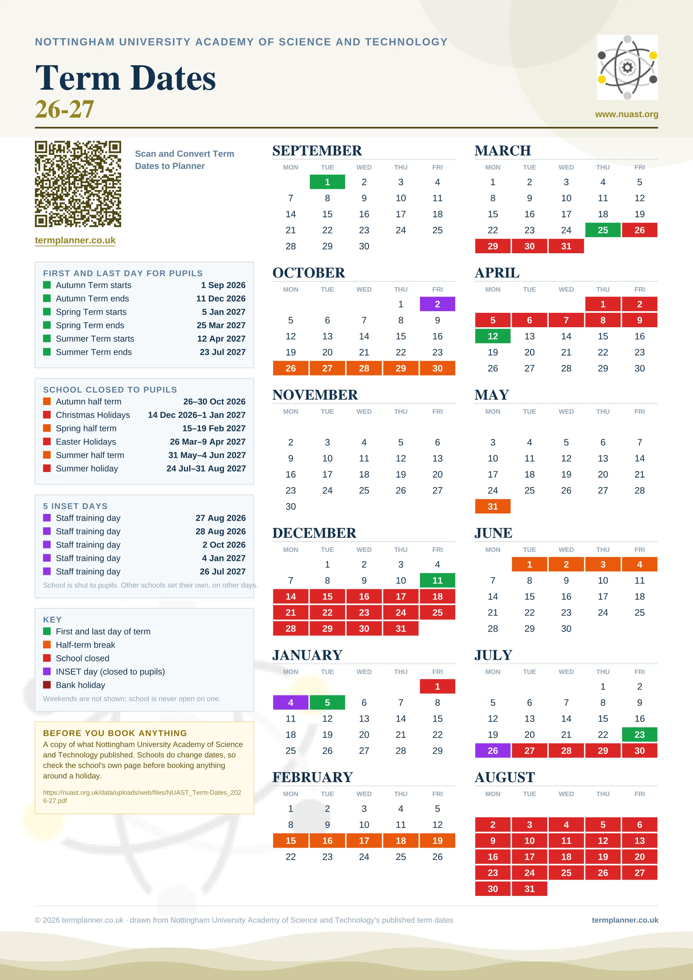 Nottingham University Academy of Science and Technology’s 2026/27 school year drawn as one sheet: twelve month grids from September to August, Monday to Friday, with autumn term 1 September to 11 December 2026, spring term 5 January to 25 March 2027, summer term 12 April to 23 July 2027. Half terms, holidays and bank holidays are filled in colour, the first and last day of each term is marked, 5 INSET days are picked out, and every date is listed again in words down the left.