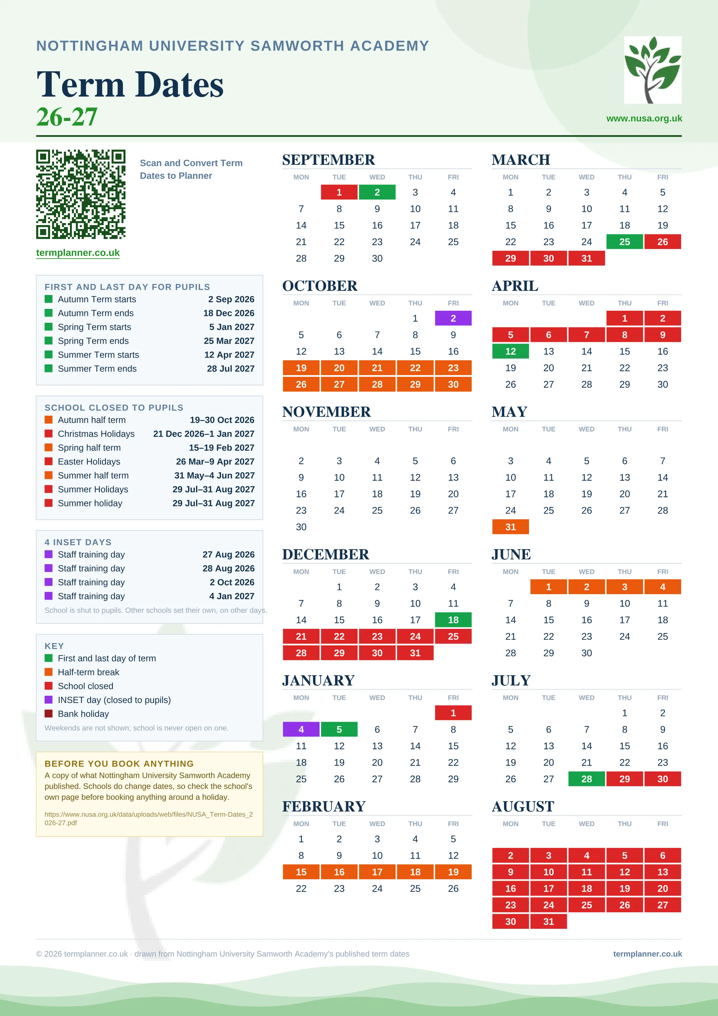 Nottingham University Samworth Academy’s 2026/27 school year drawn as one sheet: twelve month grids from September to August, Monday to Friday, with autumn term 2 September to 18 December 2026, spring term 5 January to 25 March 2027, summer term 12 April to 28 July 2027. Half terms, holidays and bank holidays are filled in colour, the first and last day of each term is marked, 4 INSET days are picked out, and every date is listed again in words down the left.