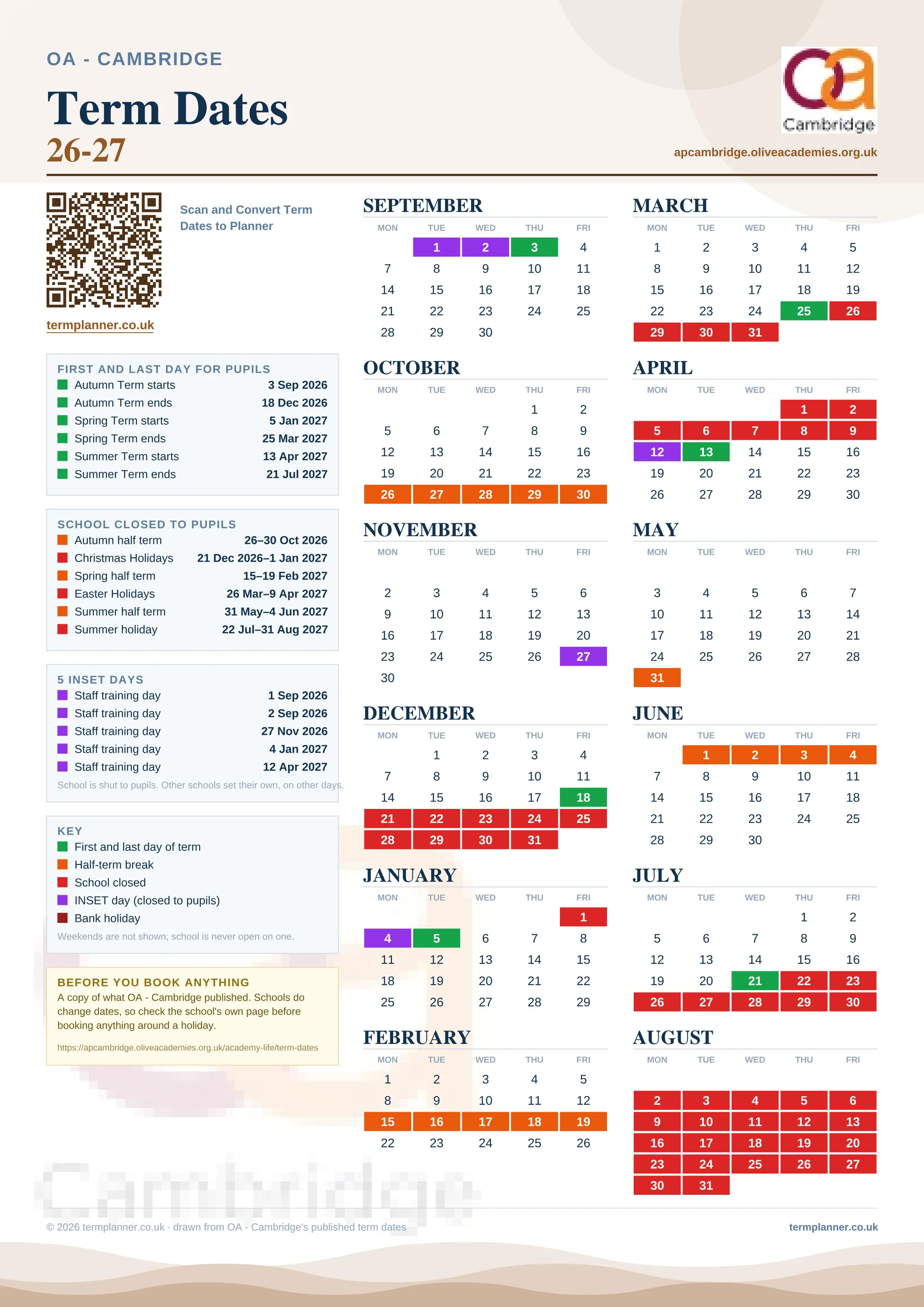OA - Cambridge’s 2026/27 school year drawn as one sheet: twelve month grids from September to August, Monday to Friday, with autumn term 3 September to 18 December 2026, spring term 5 January to 25 March 2027, summer term 13 April to 21 July 2027. Half terms, holidays and bank holidays are filled in colour, the first and last day of each term is marked, 5 INSET days are picked out, and every date is listed again in words down the left.
