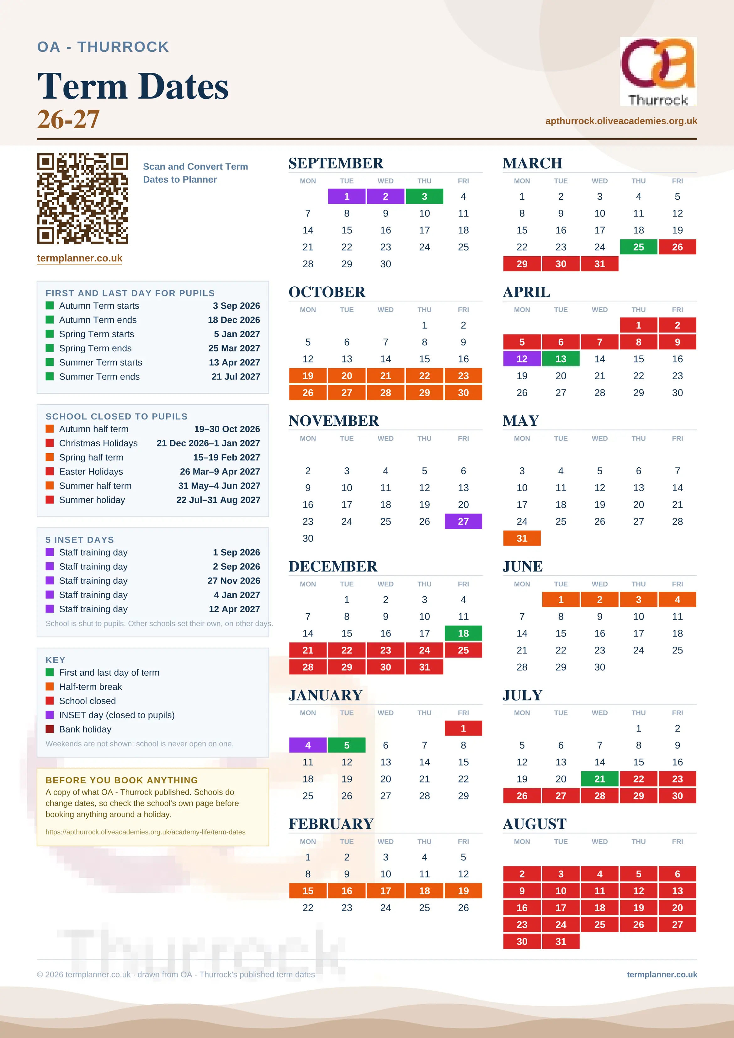 OA - Thurrock’s 2026/27 school year drawn as one sheet: twelve month grids from September to August, Monday to Friday, with autumn term 3 September to 18 December 2026, spring term 5 January to 25 March 2027, summer term 13 April to 21 July 2027. Half terms, holidays and bank holidays are filled in colour, the first and last day of each term is marked, 5 INSET days are picked out, and every date is listed again in words down the left.