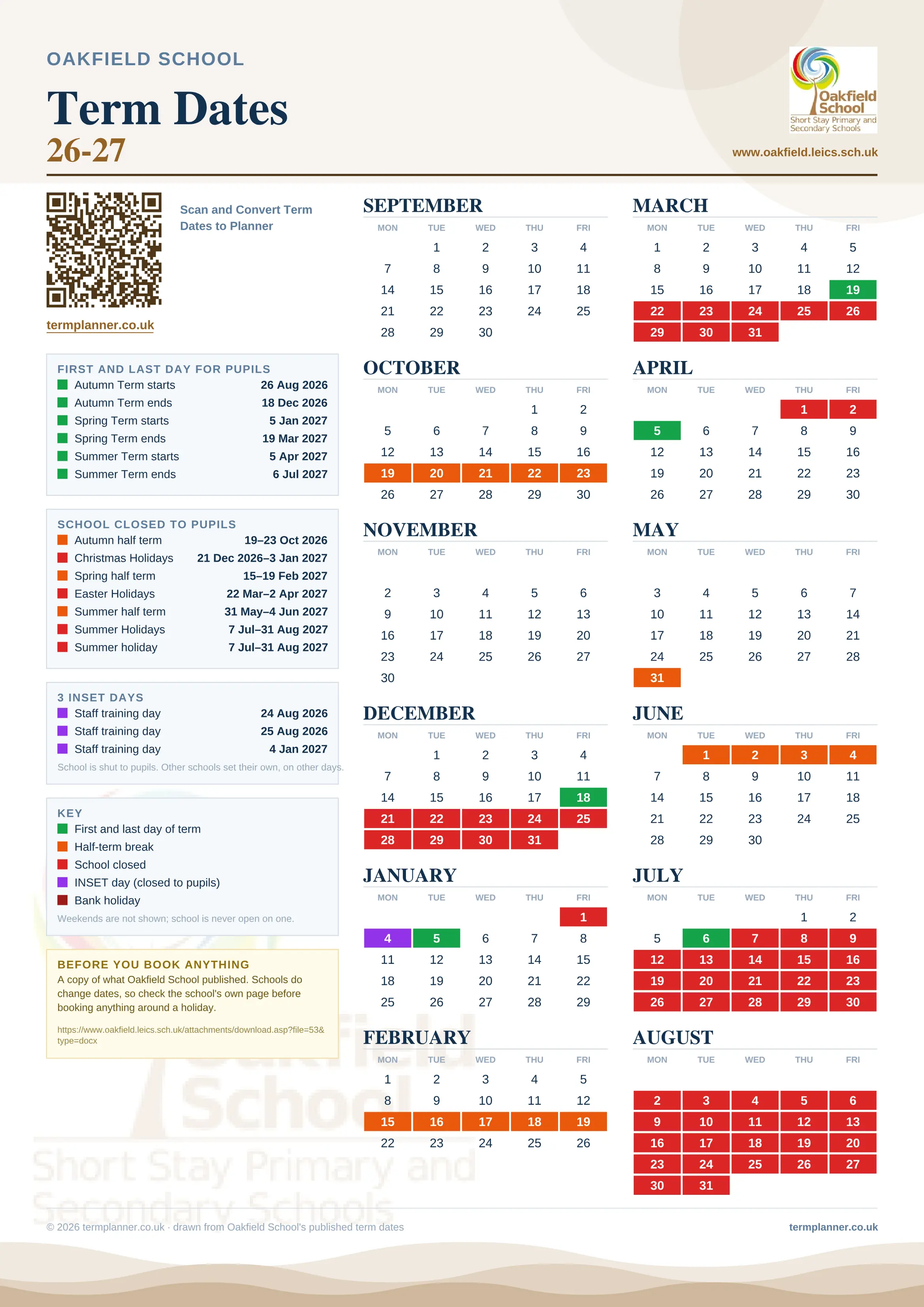 Oakfield School’s 2026/27 school year drawn as one sheet: twelve month grids from September to August, Monday to Friday, with autumn term 26 August to 18 December 2026, spring term 5 January to 19 March 2027, summer term 5 April to 6 July 2027. Half terms, holidays and bank holidays are filled in colour, the first and last day of each term is marked, 3 INSET days are picked out, and every date is listed again in words down the left.