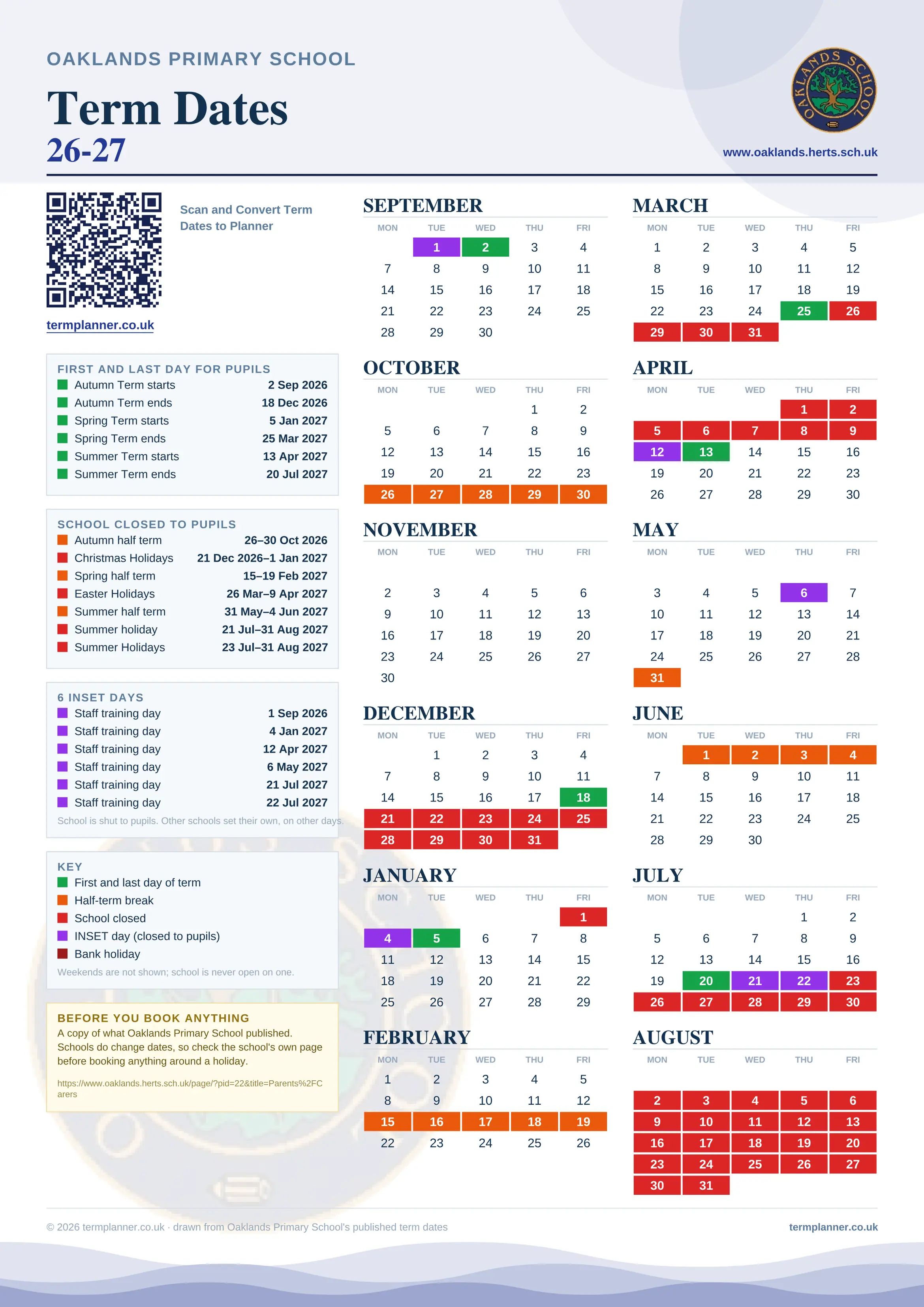 Oaklands Primary School’s 2026/27 school year drawn as one sheet: twelve month grids from September to August, Monday to Friday, with autumn term 2 September to 18 December 2026, spring term 5 January to 25 March 2027, summer term 13 April to 20 July 2027. Half terms, holidays and bank holidays are filled in colour, the first and last day of each term is marked, 6 INSET days are picked out, and every date is listed again in words down the left.