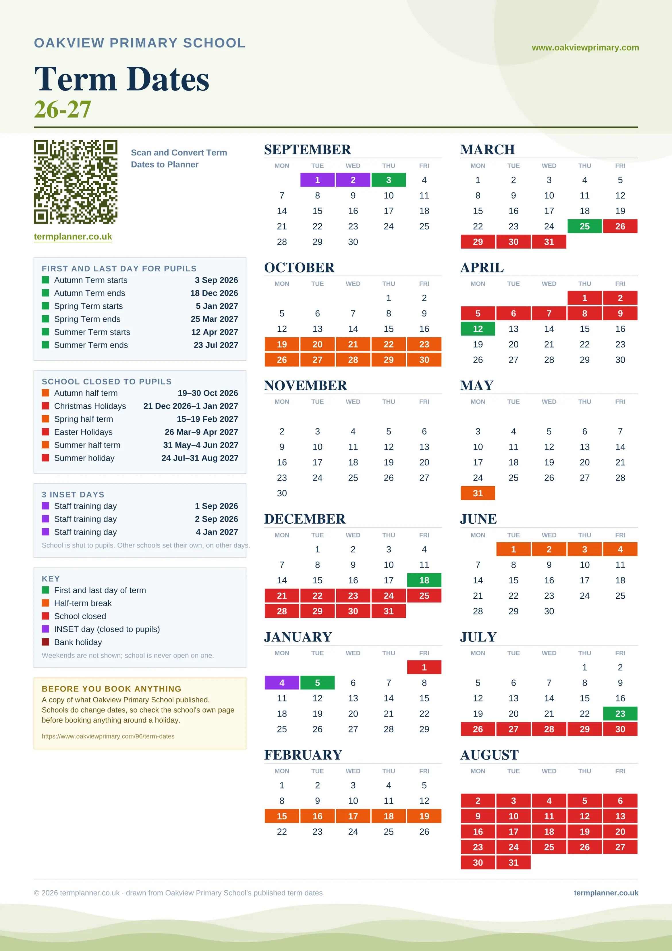 Oakview Primary School’s 2026/27 school year drawn as one sheet: twelve month grids from September to August, Monday to Friday, with autumn term 3 September to 18 December 2026, spring term 5 January to 25 March 2027, summer term 12 April to 23 July 2027. Half terms, holidays and bank holidays are filled in colour, the first and last day of each term is marked, 3 INSET days are picked out, and every date is listed again in words down the left.