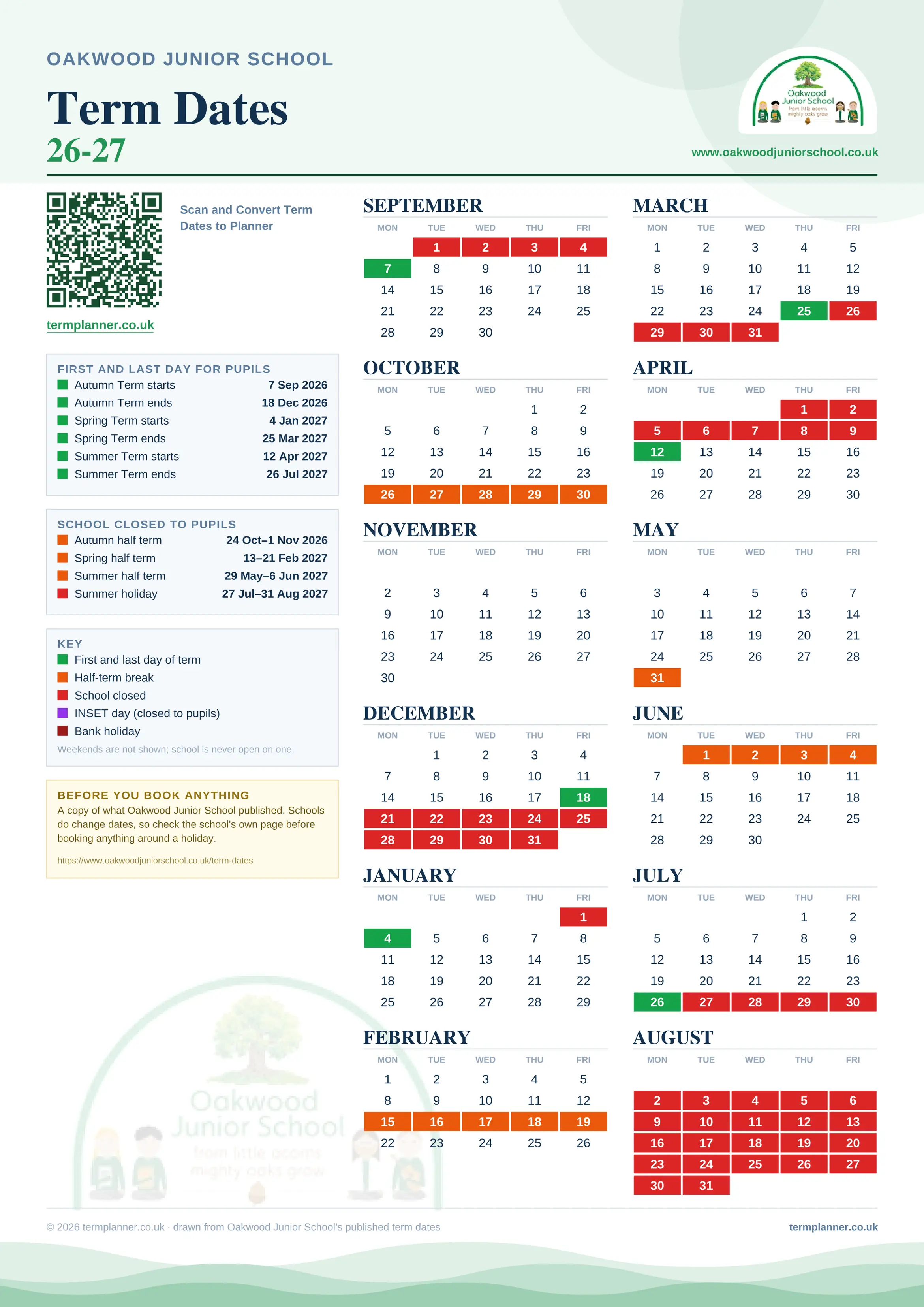 Oakwood Junior School’s 2026/27 school year drawn as one sheet: twelve month grids from September to August, Monday to Friday, with autumn term 7 September to 18 December 2026, spring term 4 January to 25 March 2027, summer term 12 April to 26 July 2027. Half terms, holidays and bank holidays are filled in colour, the first and last day of each term is marked, and every date is listed again in words down the left.