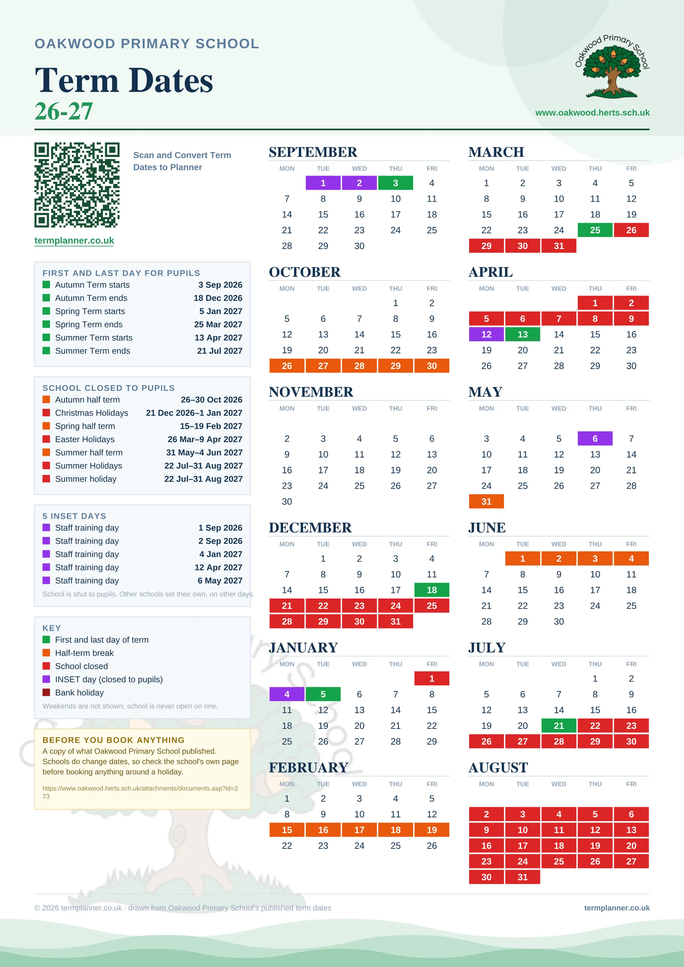 Oakwood Primary School’s 2026/27 school year drawn as one sheet: twelve month grids from September to August, Monday to Friday, with autumn term 3 September to 18 December 2026, spring term 5 January to 25 March 2027, summer term 13 April to 21 July 2027. Half terms, holidays and bank holidays are filled in colour, the first and last day of each term is marked, 5 INSET days are picked out, and every date is listed again in words down the left.