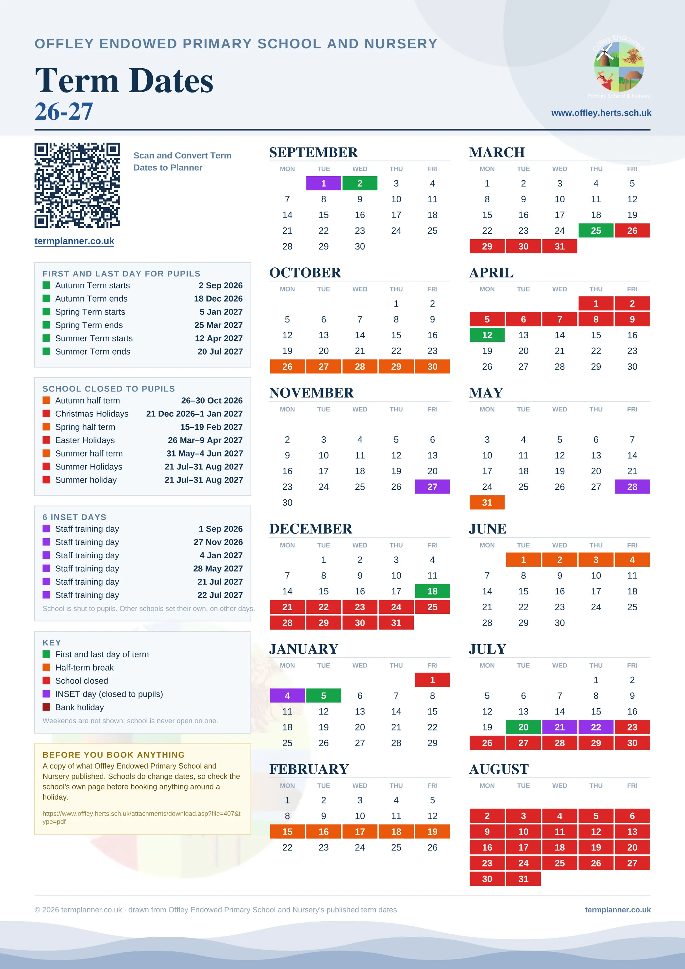 Offley Endowed Primary School and Nursery’s 2026/27 school year drawn as one sheet: twelve month grids from September to August, Monday to Friday, with autumn term 2 September to 18 December 2026, spring term 5 January to 25 March 2027, summer term 12 April to 20 July 2027. Half terms, holidays and bank holidays are filled in colour, the first and last day of each term is marked, 6 INSET days are picked out, and every date is listed again in words down the left.