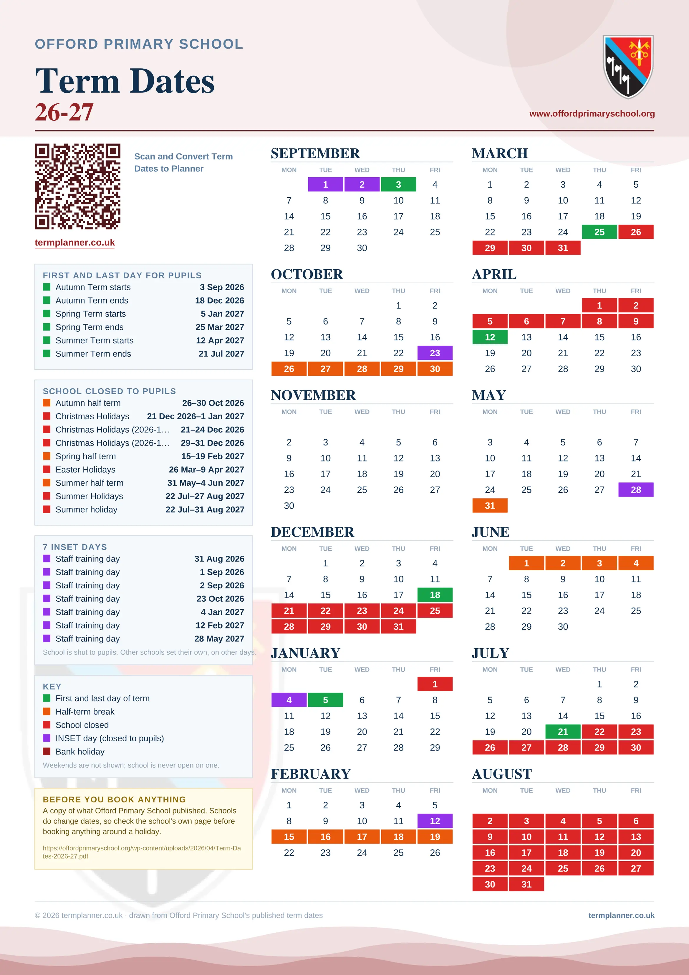 Offord Primary School’s 2026/27 school year drawn as one sheet: twelve month grids from September to August, Monday to Friday, with autumn term 3 September to 18 December 2026, spring term 5 January to 25 March 2027, summer term 12 April to 21 July 2027. Half terms, holidays and bank holidays are filled in colour, the first and last day of each term is marked, 7 INSET days are picked out, and every date is listed again in words down the left.