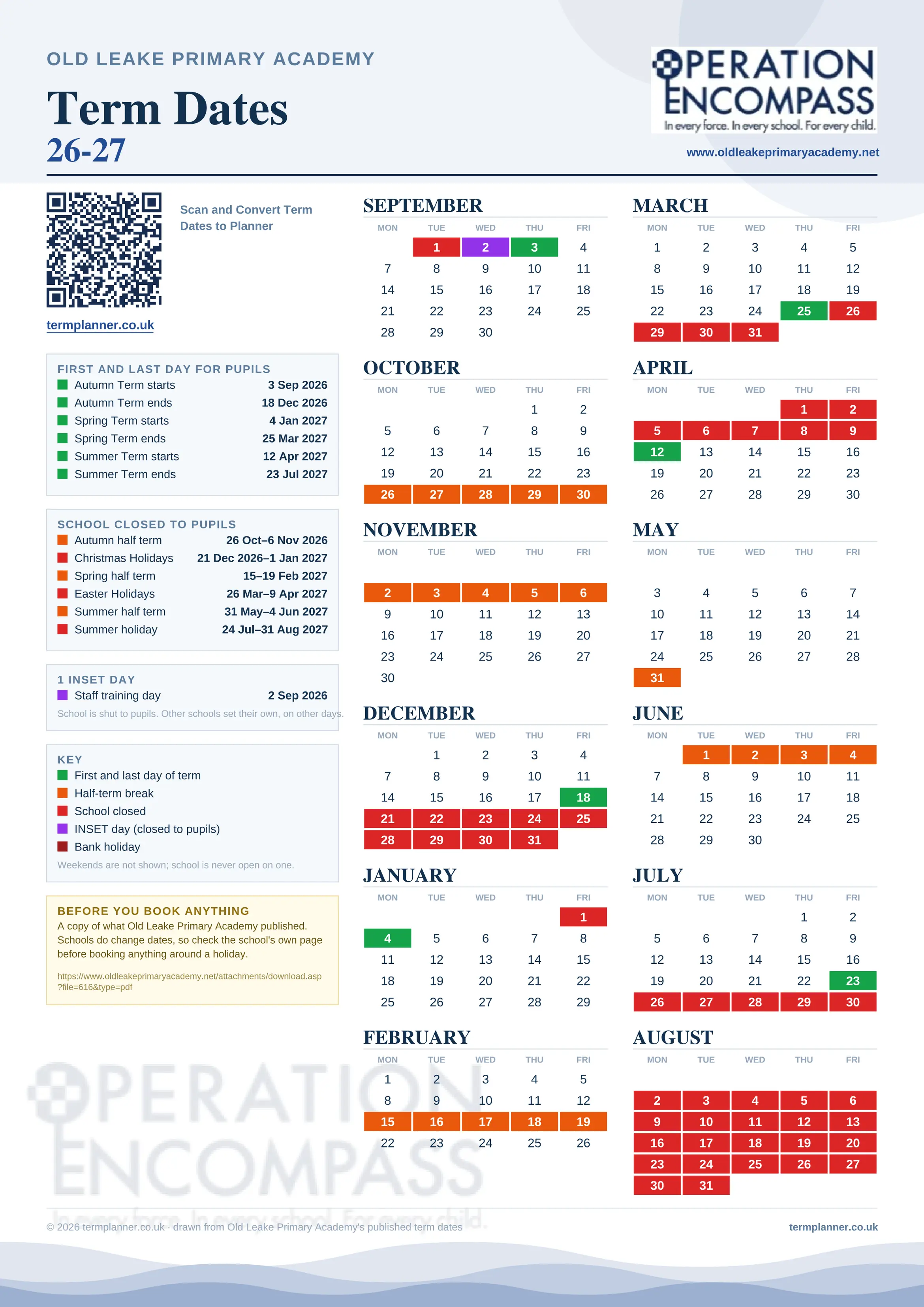 Old Leake Primary Academy’s 2026/27 school year drawn as one sheet: twelve month grids from September to August, Monday to Friday, with autumn term 3 September to 18 December 2026, spring term 4 January to 25 March 2027, summer term 12 April to 23 July 2027. Half terms, holidays and bank holidays are filled in colour, the first and last day of each term is marked, 1 INSET day is picked out, and every date is listed again in words down the left.