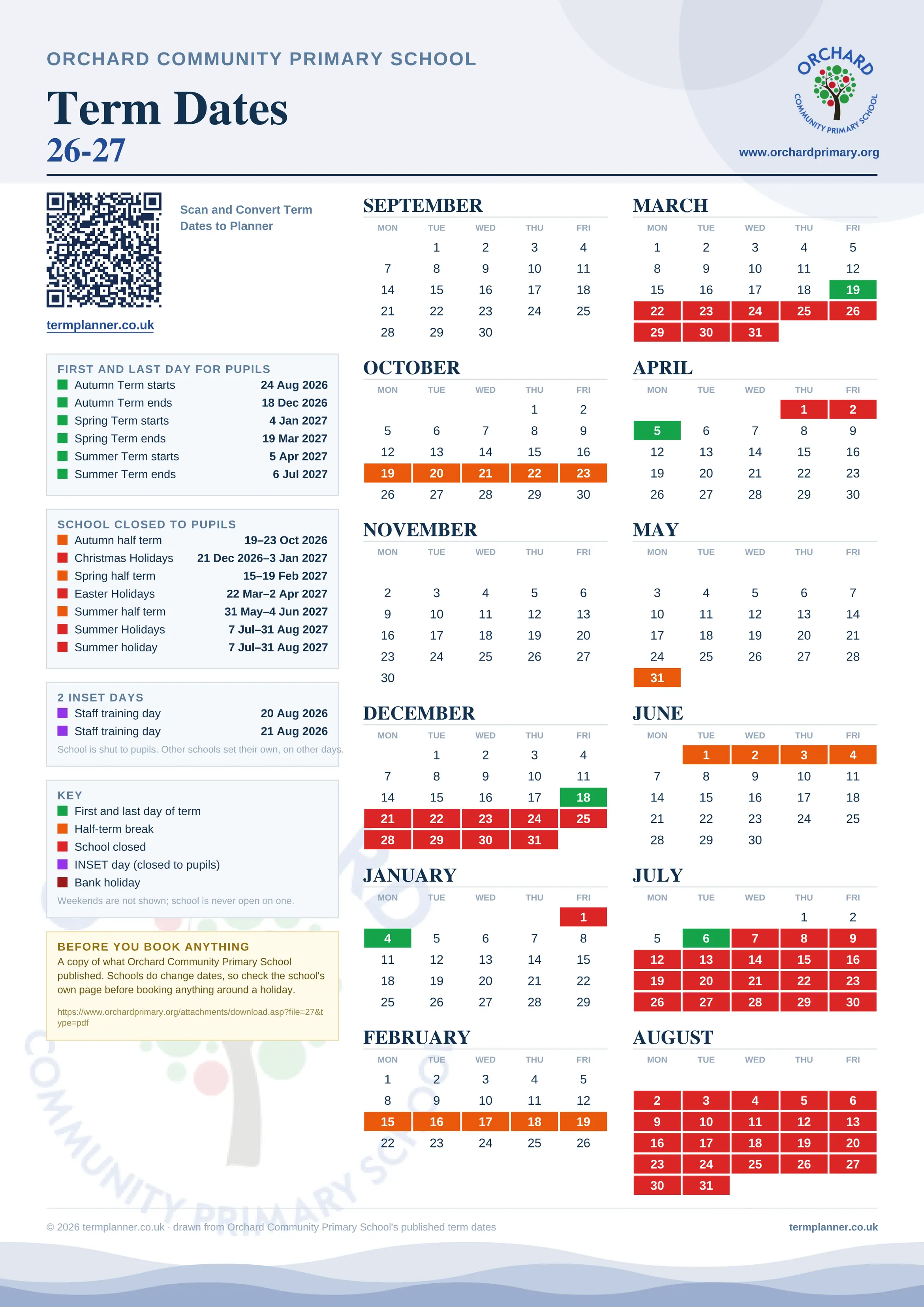 Orchard Community Primary School’s 2026/27 school year drawn as one sheet: twelve month grids from September to August, Monday to Friday, with autumn term 24 August to 18 December 2026, spring term 4 January to 19 March 2027, summer term 5 April to 6 July 2027. Half terms, holidays and bank holidays are filled in colour, the first and last day of each term is marked, 2 INSET days are picked out, and every date is listed again in words down the left.