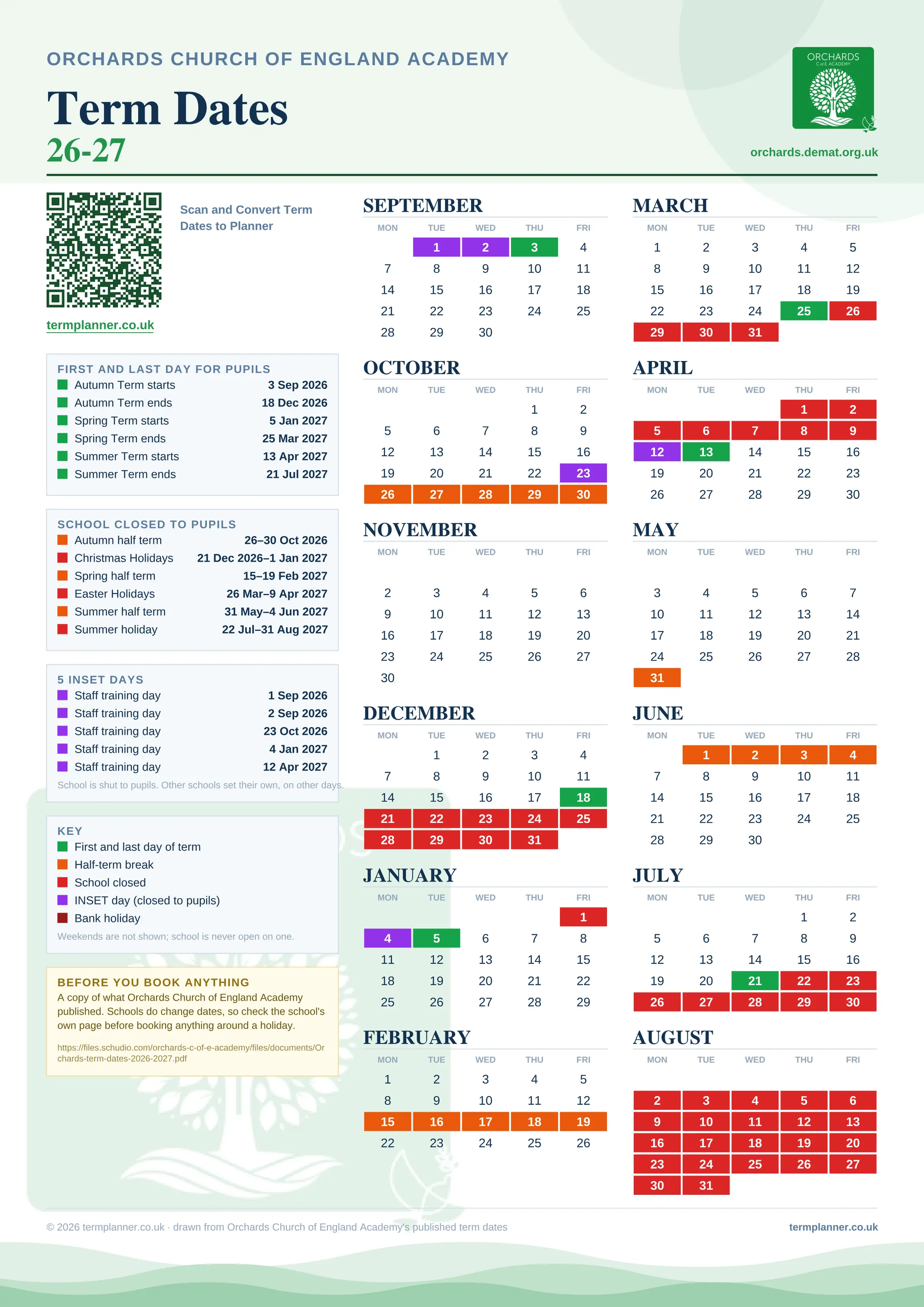 Orchards Church of England Academy’s 2026/27 school year drawn as one sheet: twelve month grids from September to August, Monday to Friday, with autumn term 3 September to 18 December 2026, spring term 5 January to 25 March 2027, summer term 13 April to 21 July 2027. Half terms, holidays and bank holidays are filled in colour, the first and last day of each term is marked, 5 INSET days are picked out, and every date is listed again in words down the left.
