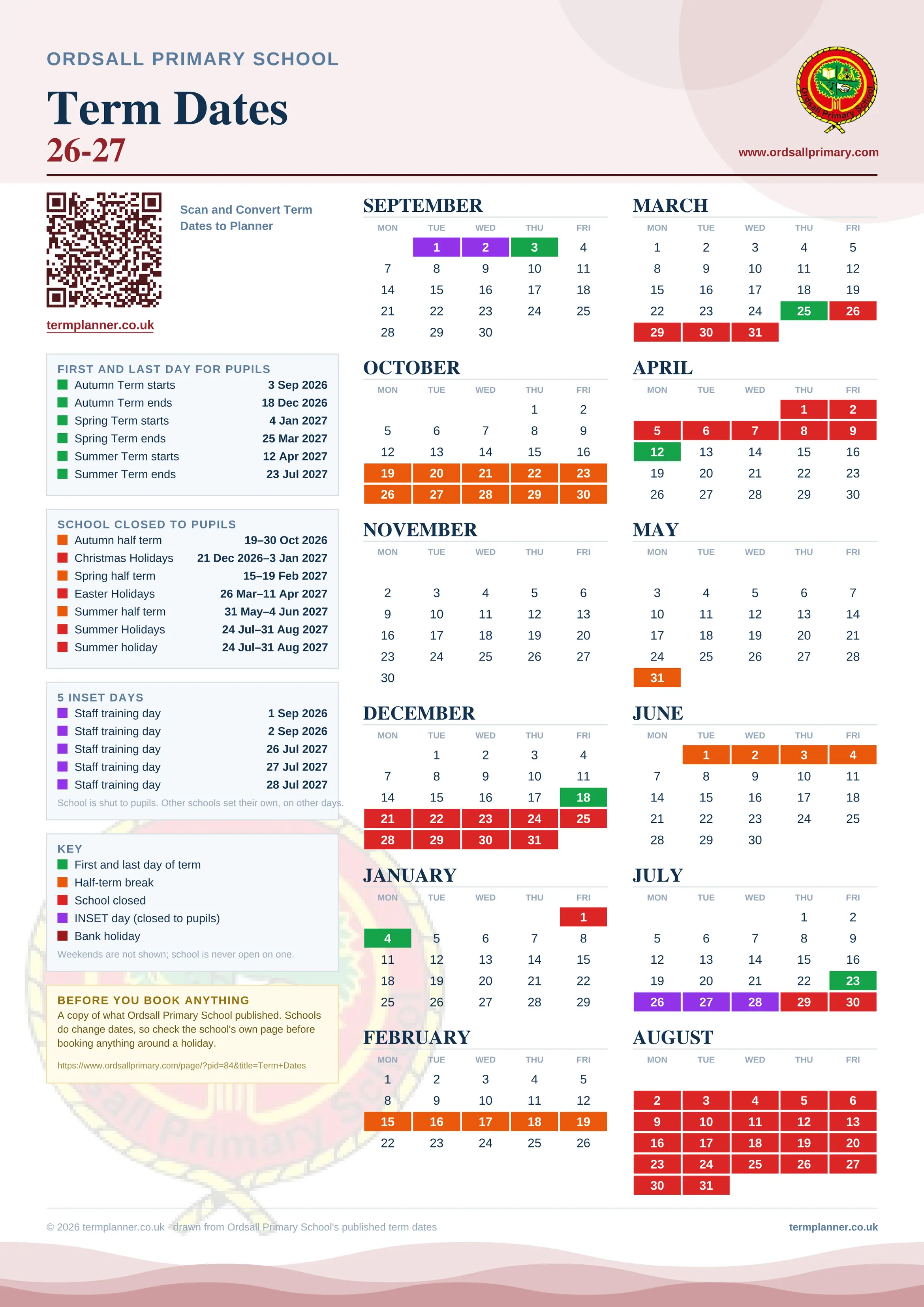 Ordsall Primary School’s 2026/27 school year drawn as one sheet: twelve month grids from September to August, Monday to Friday, with autumn term 3 September to 18 December 2026, spring term 4 January to 25 March 2027, summer term 12 April to 23 July 2027. Half terms, holidays and bank holidays are filled in colour, the first and last day of each term is marked, 5 INSET days are picked out, and every date is listed again in words down the left.