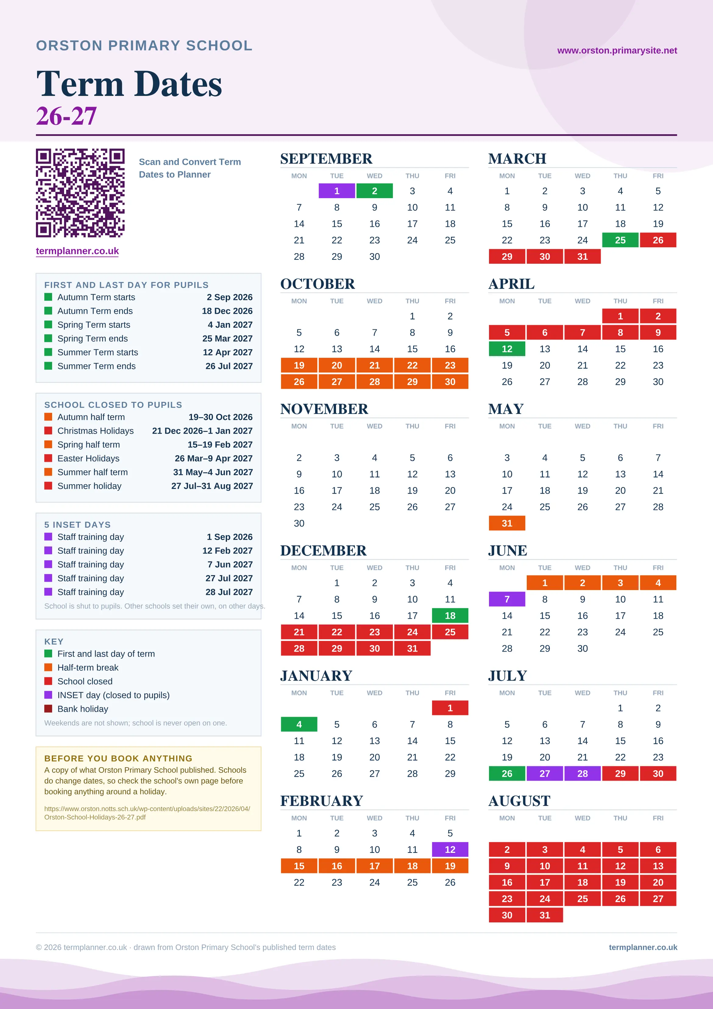Orston Primary School’s 2026/27 school year drawn as one sheet: twelve month grids from September to August, Monday to Friday, with autumn term 2 September to 18 December 2026, spring term 4 January to 25 March 2027, summer term 12 April to 26 July 2027. Half terms, holidays and bank holidays are filled in colour, the first and last day of each term is marked, 5 INSET days are picked out, and every date is listed again in words down the left.