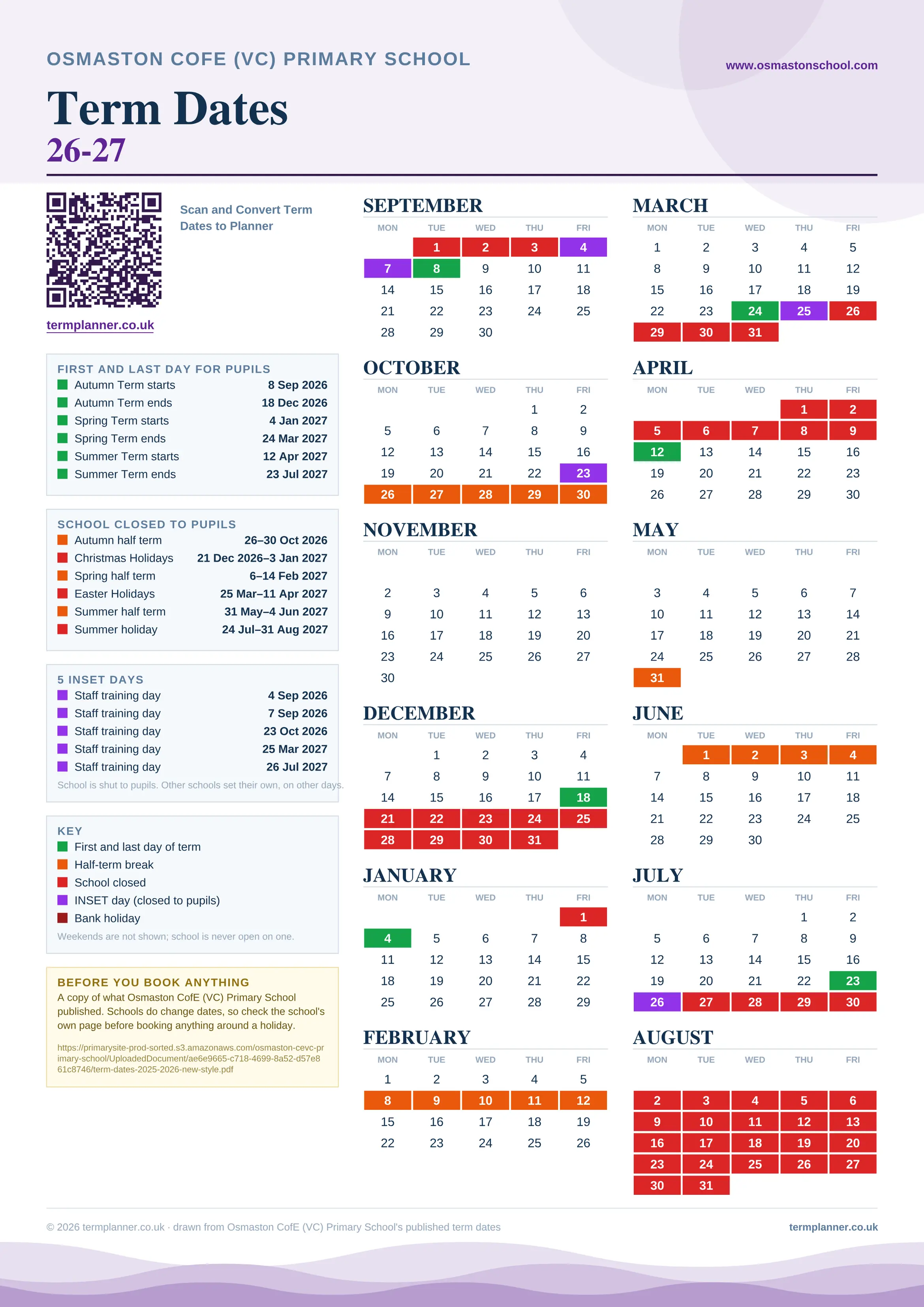 Osmaston CofE (VC) Primary School’s 2026/27 school year drawn as one sheet: twelve month grids from September to August, Monday to Friday, with autumn term 8 September to 18 December 2026, spring term 4 January to 24 March 2027, summer term 12 April to 23 July 2027. Half terms, holidays and bank holidays are filled in colour, the first and last day of each term is marked, 5 INSET days are picked out, and every date is listed again in words down the left.