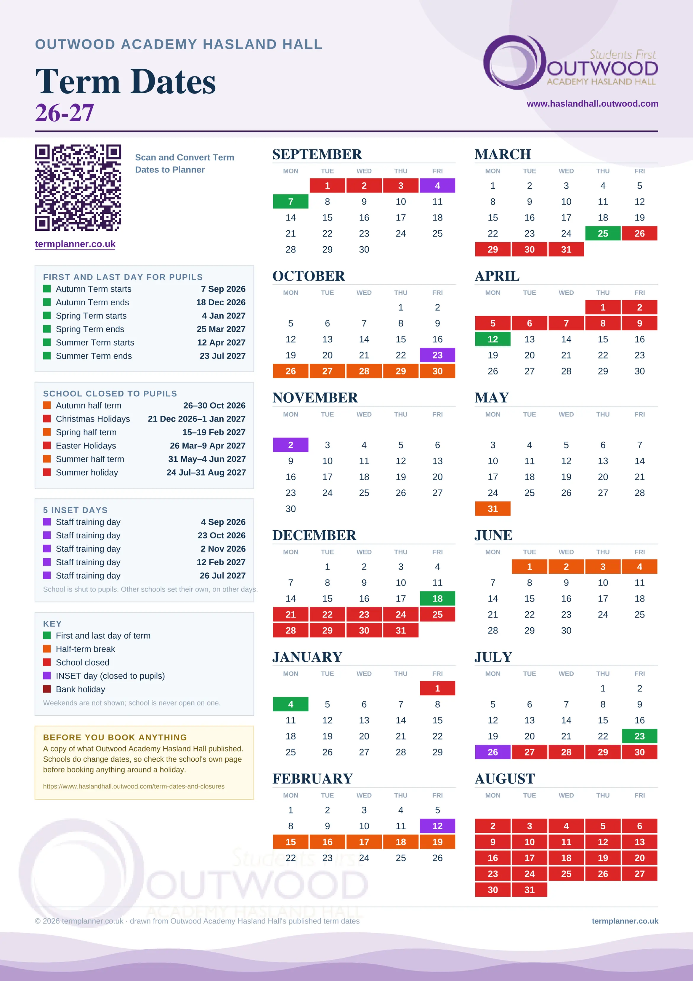 Outwood Academy Hasland Hall’s 2026/27 school year drawn as one sheet: twelve month grids from September to August, Monday to Friday, with autumn term 7 September to 18 December 2026, spring term 4 January to 25 March 2027, summer term 12 April to 23 July 2027. Half terms, holidays and bank holidays are filled in colour, the first and last day of each term is marked, 5 INSET days are picked out, and every date is listed again in words down the left.