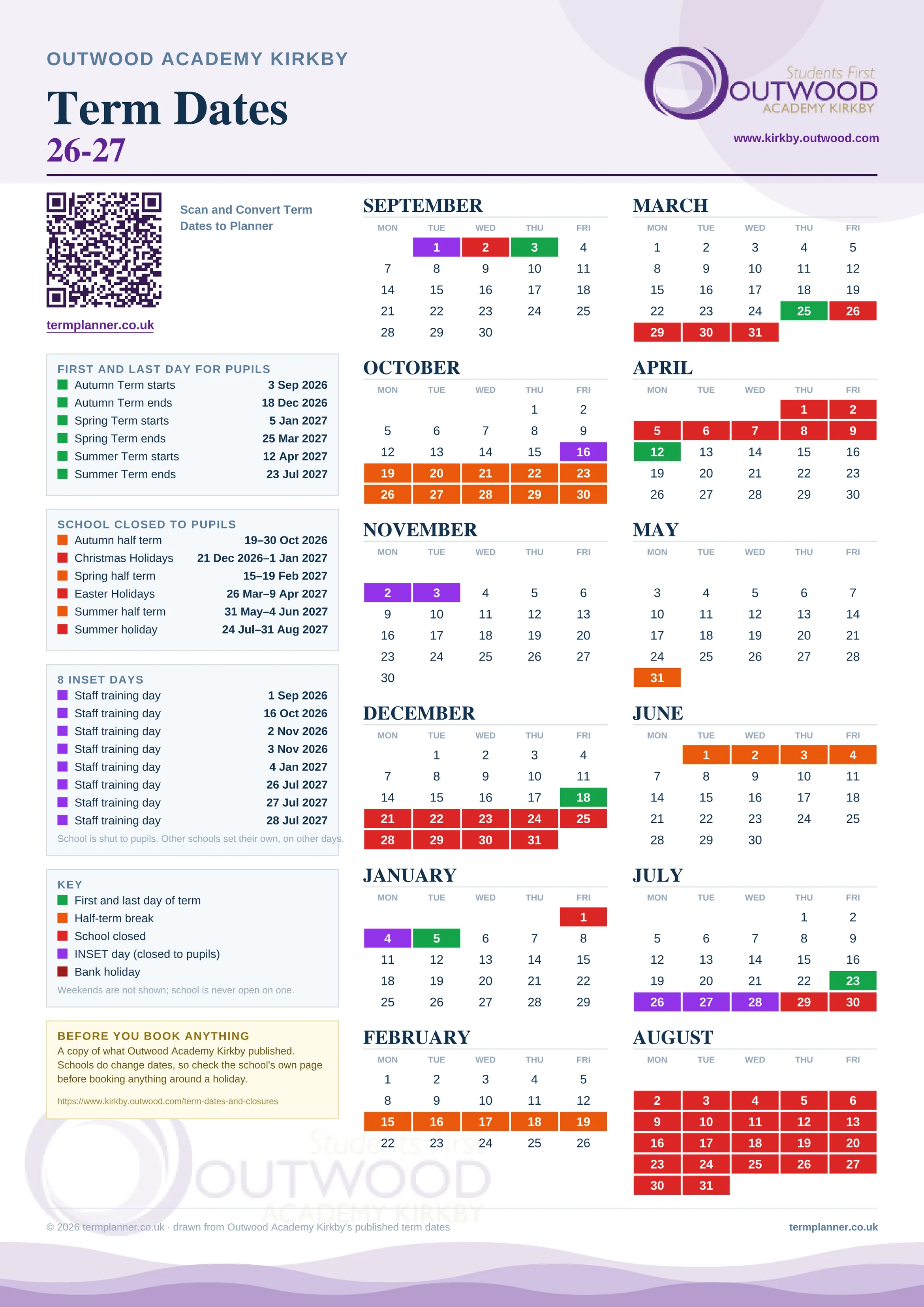 Outwood Academy Kirkby’s 2026/27 school year drawn as one sheet: twelve month grids from September to August, Monday to Friday, with autumn term 3 September to 18 December 2026, spring term 5 January to 25 March 2027, summer term 12 April to 23 July 2027. Half terms, holidays and bank holidays are filled in colour, the first and last day of each term is marked, 8 INSET days are picked out, and every date is listed again in words down the left.