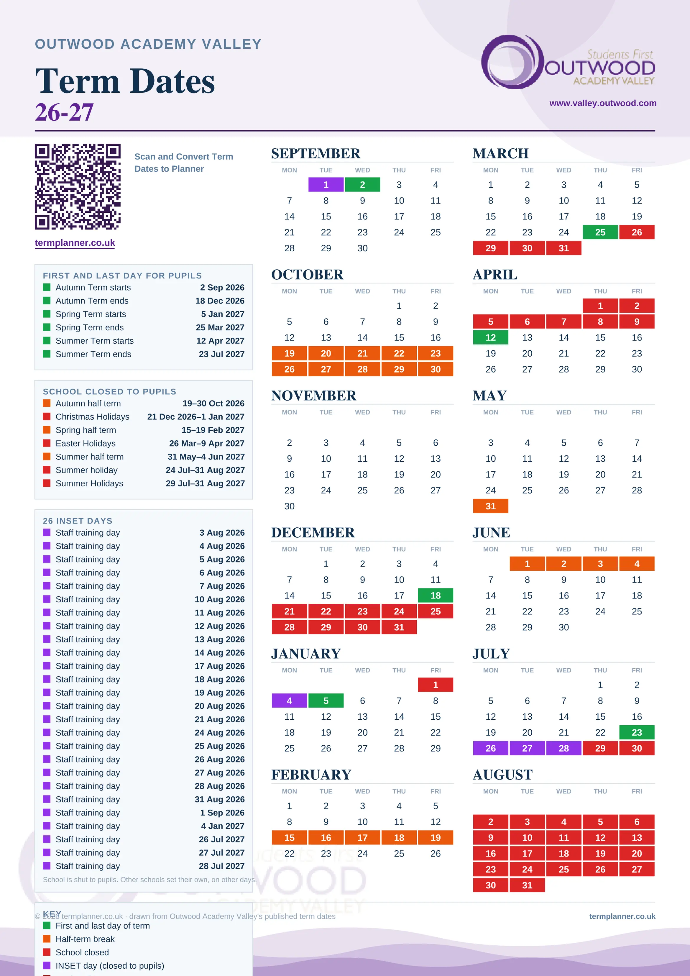 Outwood Academy Valley’s 2026/27 school year drawn as one sheet: twelve month grids from September to August, Monday to Friday, with autumn term 2 September to 18 December 2026, spring term 5 January to 25 March 2027, summer term 12 April to 23 July 2027. Half terms, holidays and bank holidays are filled in colour, the first and last day of each term is marked, 26 INSET days are picked out, and every date is listed again in words down the left.