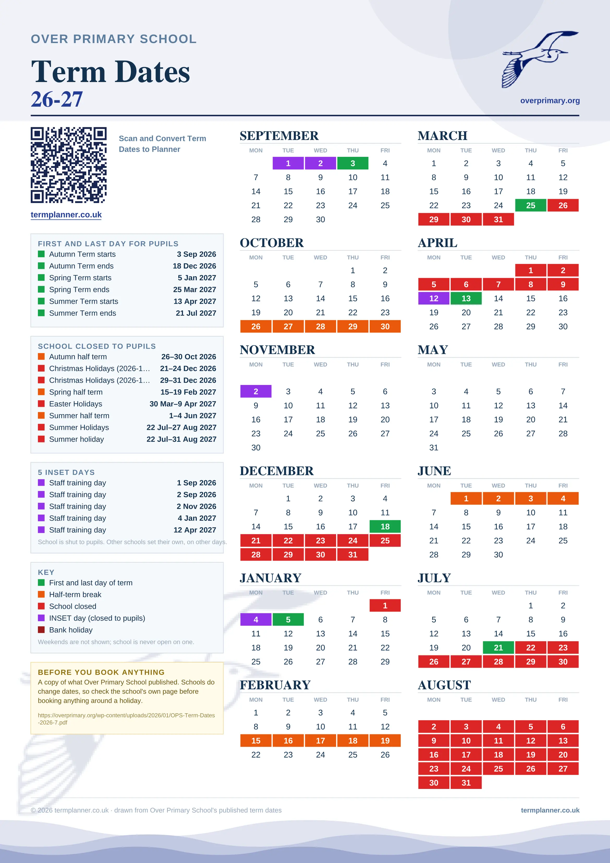 Over Primary School’s 2026/27 school year drawn as one sheet: twelve month grids from September to August, Monday to Friday, with autumn term 3 September to 18 December 2026, spring term 5 January to 25 March 2027, summer term 13 April to 21 July 2027. Half terms, holidays and bank holidays are filled in colour, the first and last day of each term is marked, 5 INSET days are picked out, and every date is listed again in words down the left.