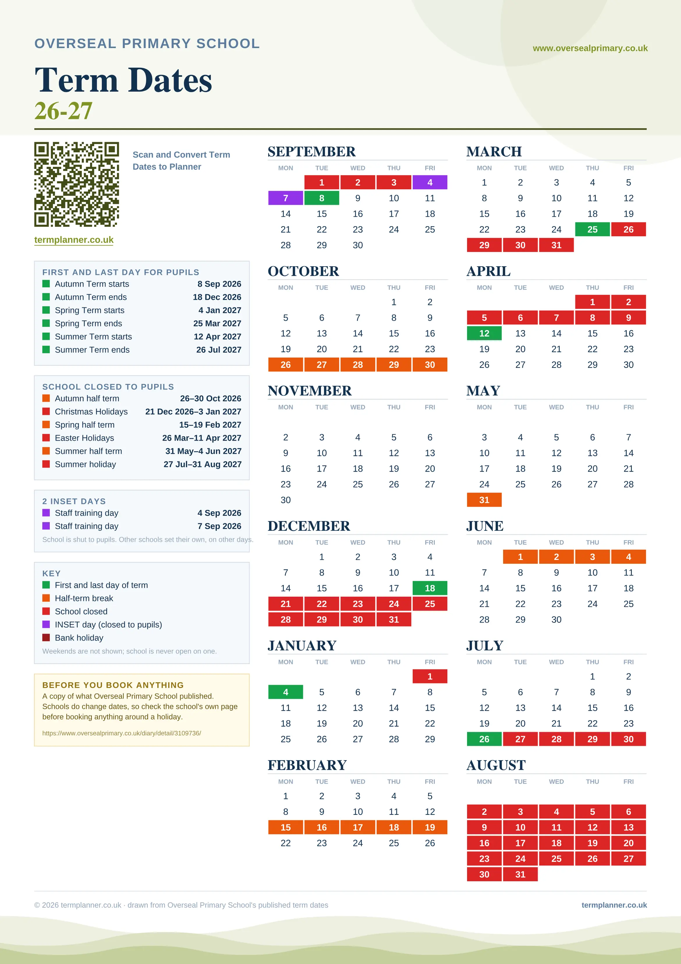Overseal Primary School’s 2026/27 school year drawn as one sheet: twelve month grids from September to August, Monday to Friday, with autumn term 8 September to 18 December 2026, spring term 4 January to 25 March 2027, summer term 12 April to 26 July 2027. Half terms, holidays and bank holidays are filled in colour, the first and last day of each term is marked, 2 INSET days are picked out, and every date is listed again in words down the left.
