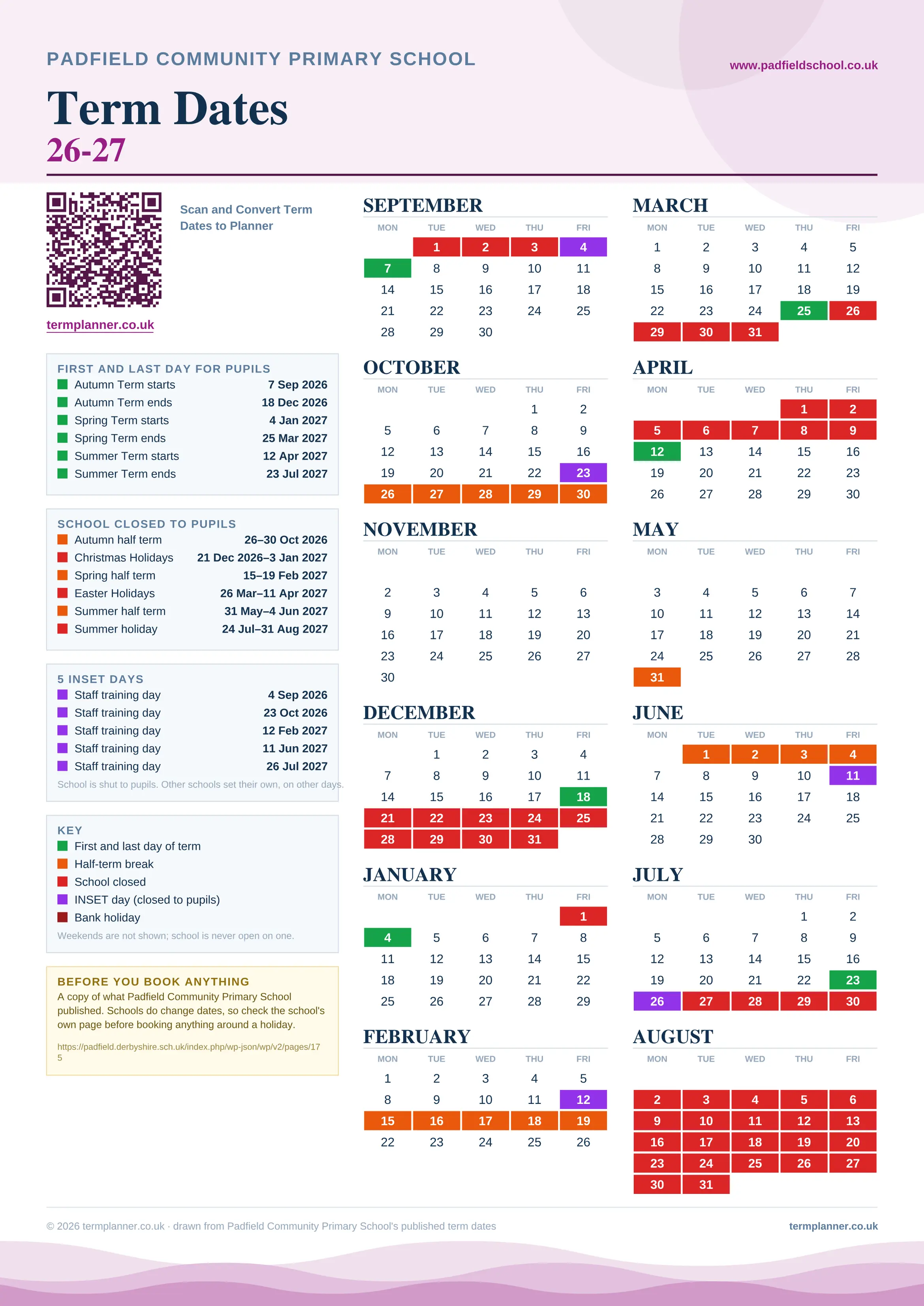 Padfield Community Primary School’s 2026/27 school year drawn as one sheet: twelve month grids from September to August, Monday to Friday, with autumn term 7 September to 18 December 2026, spring term 4 January to 25 March 2027, summer term 12 April to 23 July 2027. Half terms, holidays and bank holidays are filled in colour, the first and last day of each term is marked, 5 INSET days are picked out, and every date is listed again in words down the left.