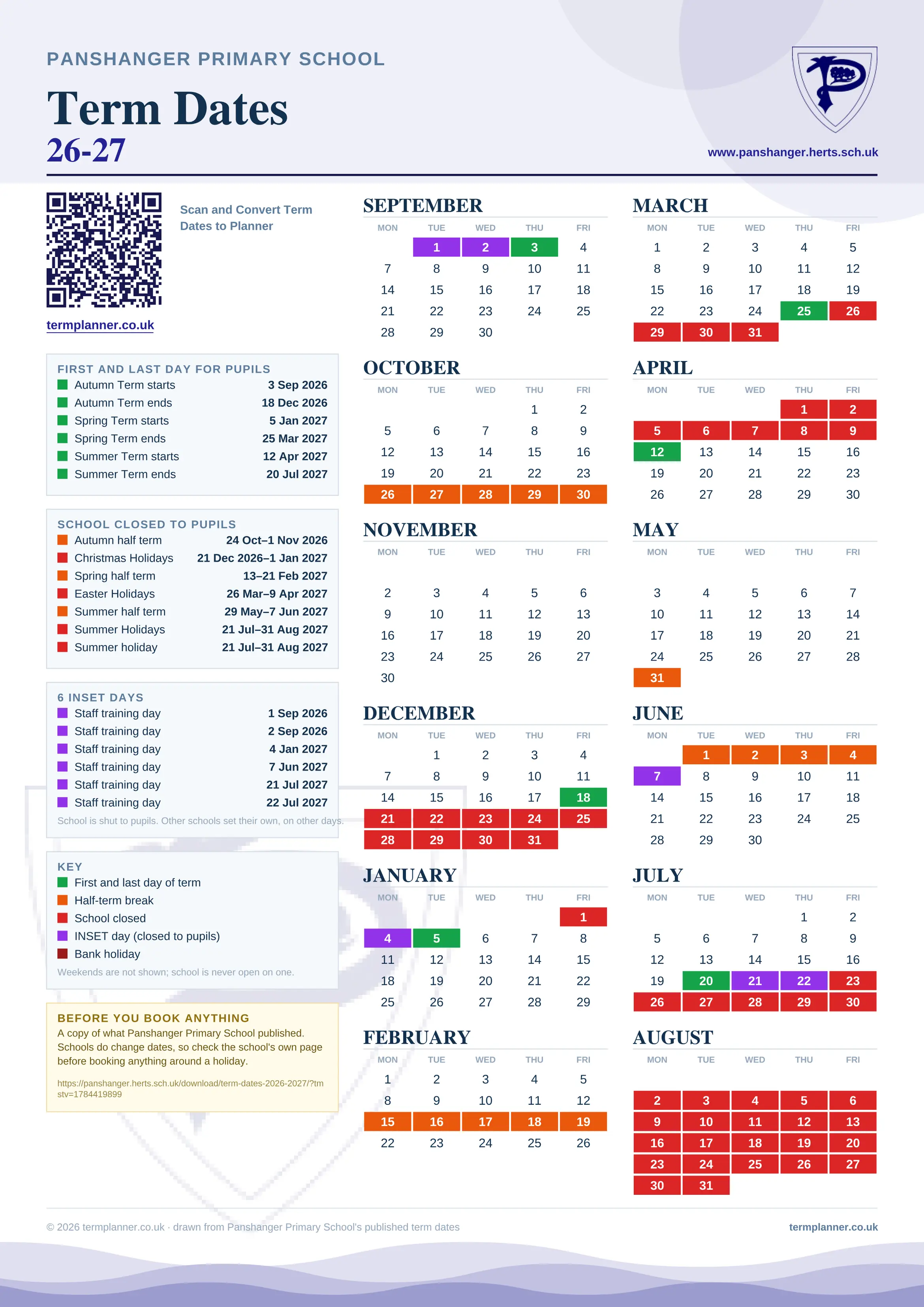 Panshanger Primary School’s 2026/27 school year drawn as one sheet: twelve month grids from September to August, Monday to Friday, with autumn term 3 September to 18 December 2026, spring term 5 January to 25 March 2027, summer term 12 April to 20 July 2027. Half terms, holidays and bank holidays are filled in colour, the first and last day of each term is marked, 6 INSET days are picked out, and every date is listed again in words down the left.