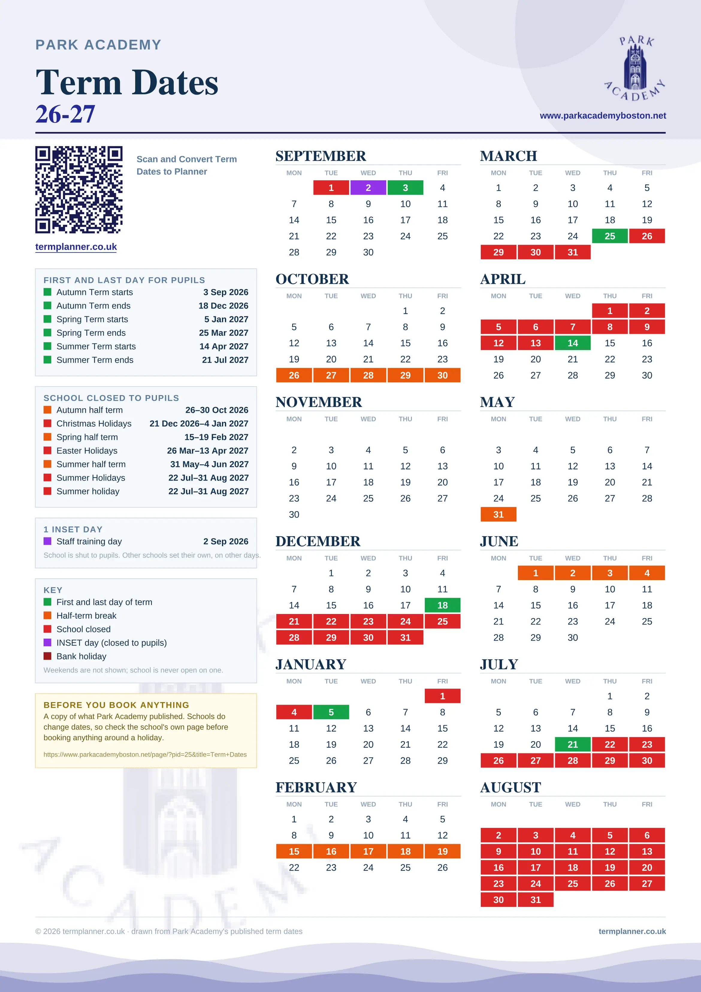 Park Academy’s 2026/27 school year drawn as one sheet: twelve month grids from September to August, Monday to Friday, with autumn term 3 September to 18 December 2026, spring term 5 January to 25 March 2027, summer term 14 April to 21 July 2027. Half terms, holidays and bank holidays are filled in colour, the first and last day of each term is marked, 1 INSET day is picked out, and every date is listed again in words down the left.
