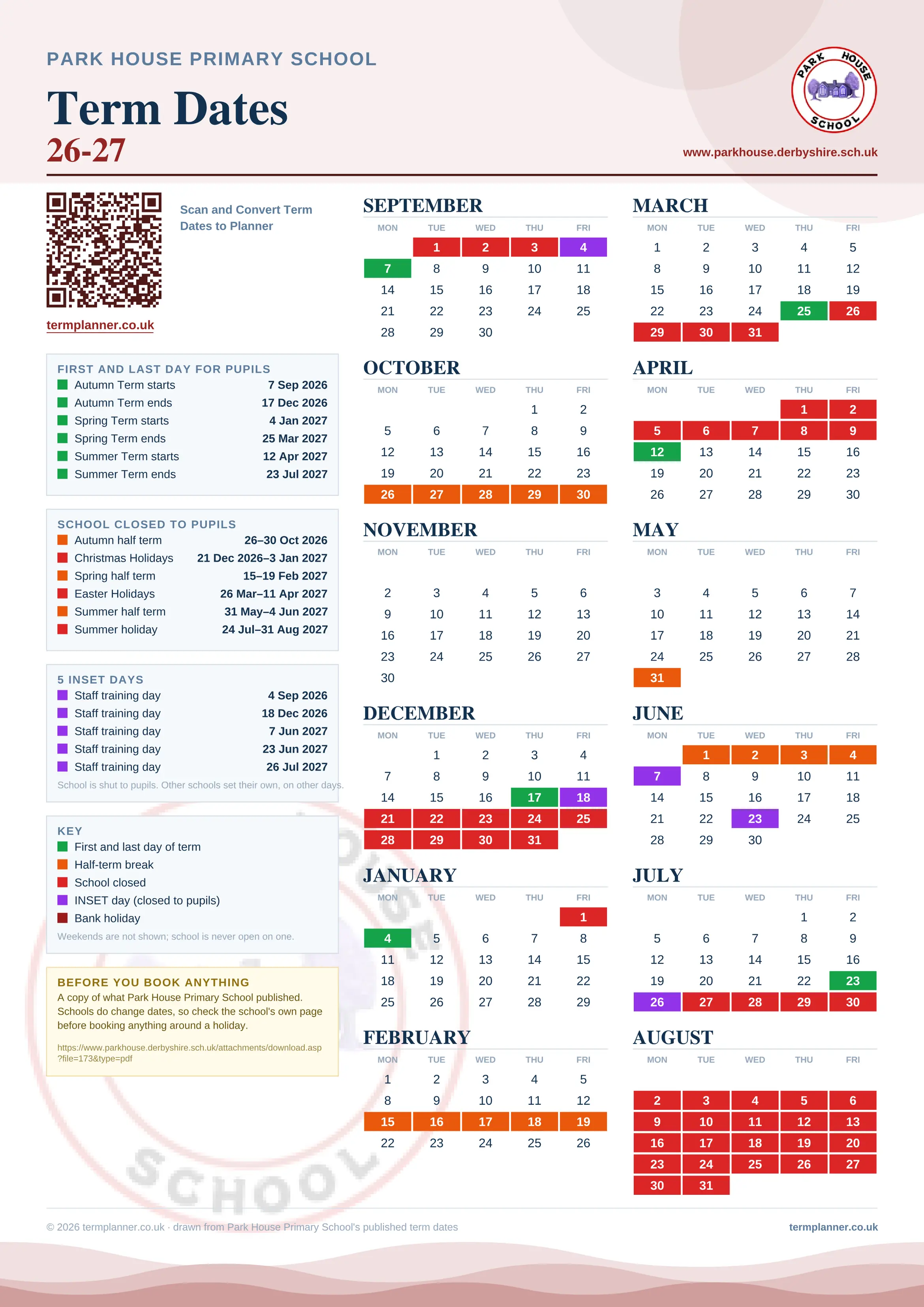 Park House Primary School’s 2026/27 school year drawn as one sheet: twelve month grids from September to August, Monday to Friday, with autumn term 7 September to 17 December 2026, spring term 4 January to 25 March 2027, summer term 12 April to 23 July 2027. Half terms, holidays and bank holidays are filled in colour, the first and last day of each term is marked, 5 INSET days are picked out, and every date is listed again in words down the left.