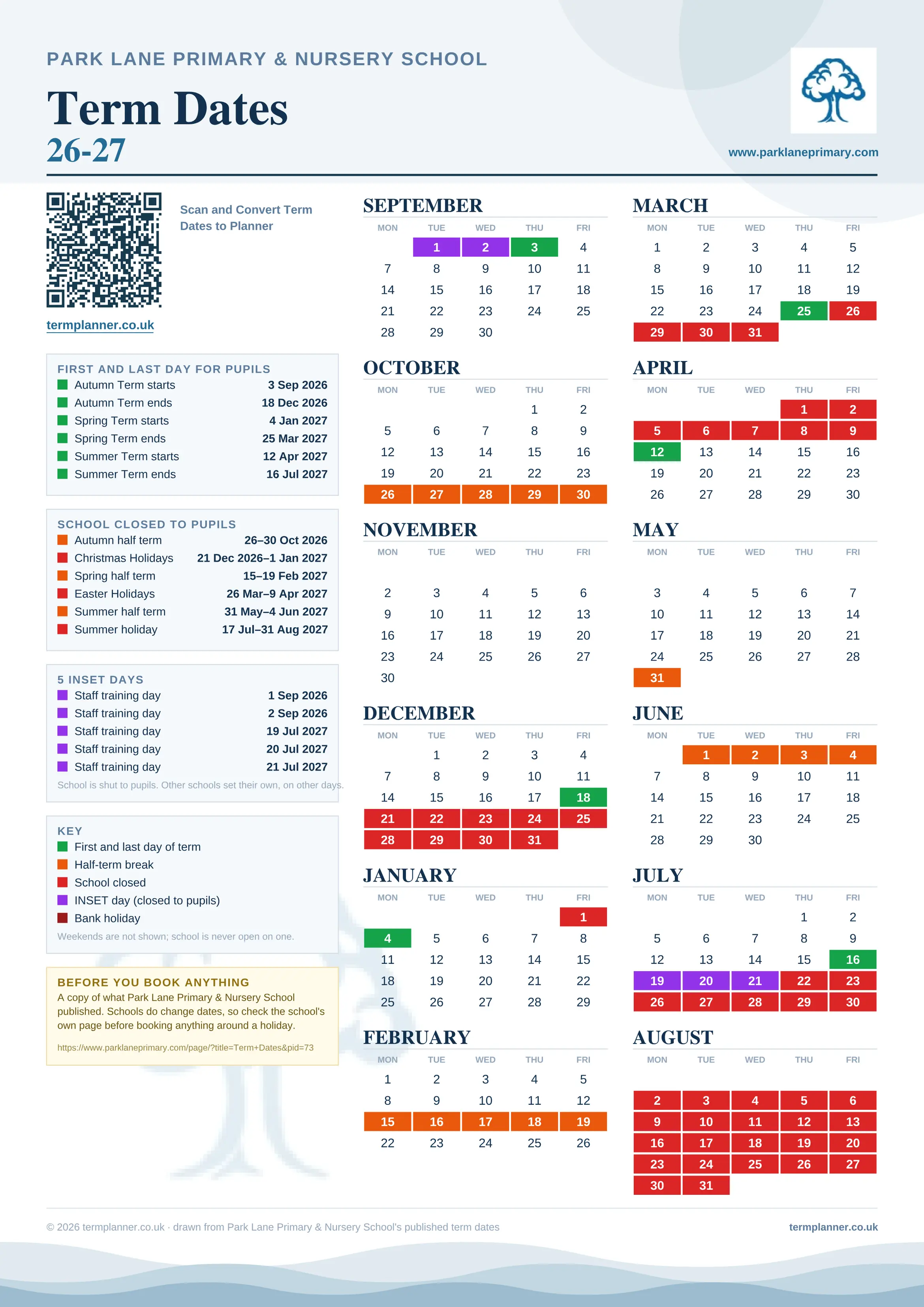Park Lane Primary & Nursery School’s 2026/27 school year drawn as one sheet: twelve month grids from September to August, Monday to Friday, with autumn term 3 September to 18 December 2026, spring term 4 January to 25 March 2027, summer term 12 April to 16 July 2027. Half terms, holidays and bank holidays are filled in colour, the first and last day of each term is marked, 5 INSET days are picked out, and every date is listed again in words down the left.