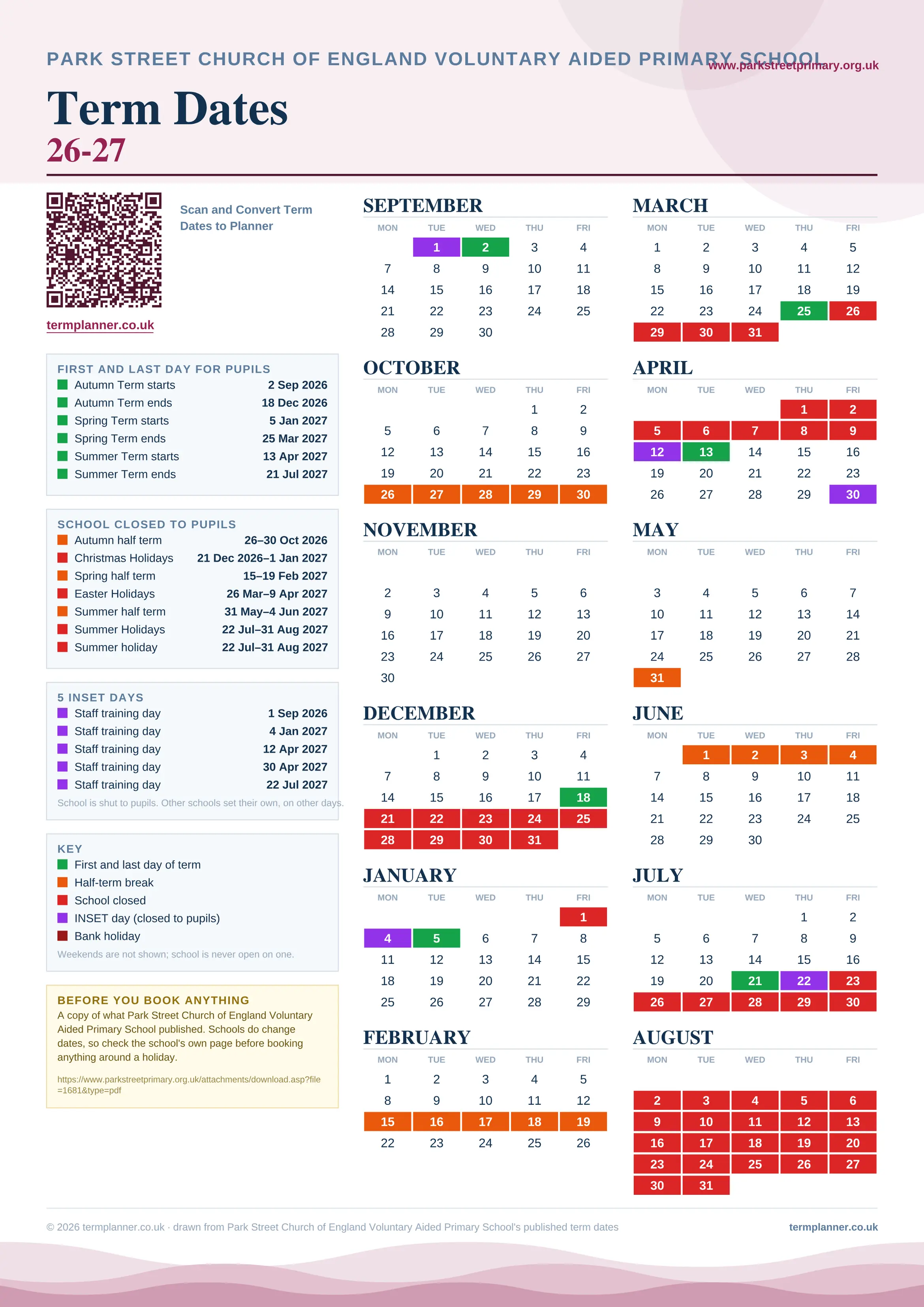 Park Street Church of England Voluntary Aided Primary School’s 2026/27 school year drawn as one sheet: twelve month grids from September to August, Monday to Friday, with autumn term 2 September to 18 December 2026, spring term 5 January to 25 March 2027, summer term 13 April to 21 July 2027. Half terms, holidays and bank holidays are filled in colour, the first and last day of each term is marked, 5 INSET days are picked out, and every date is listed again in words down the left.