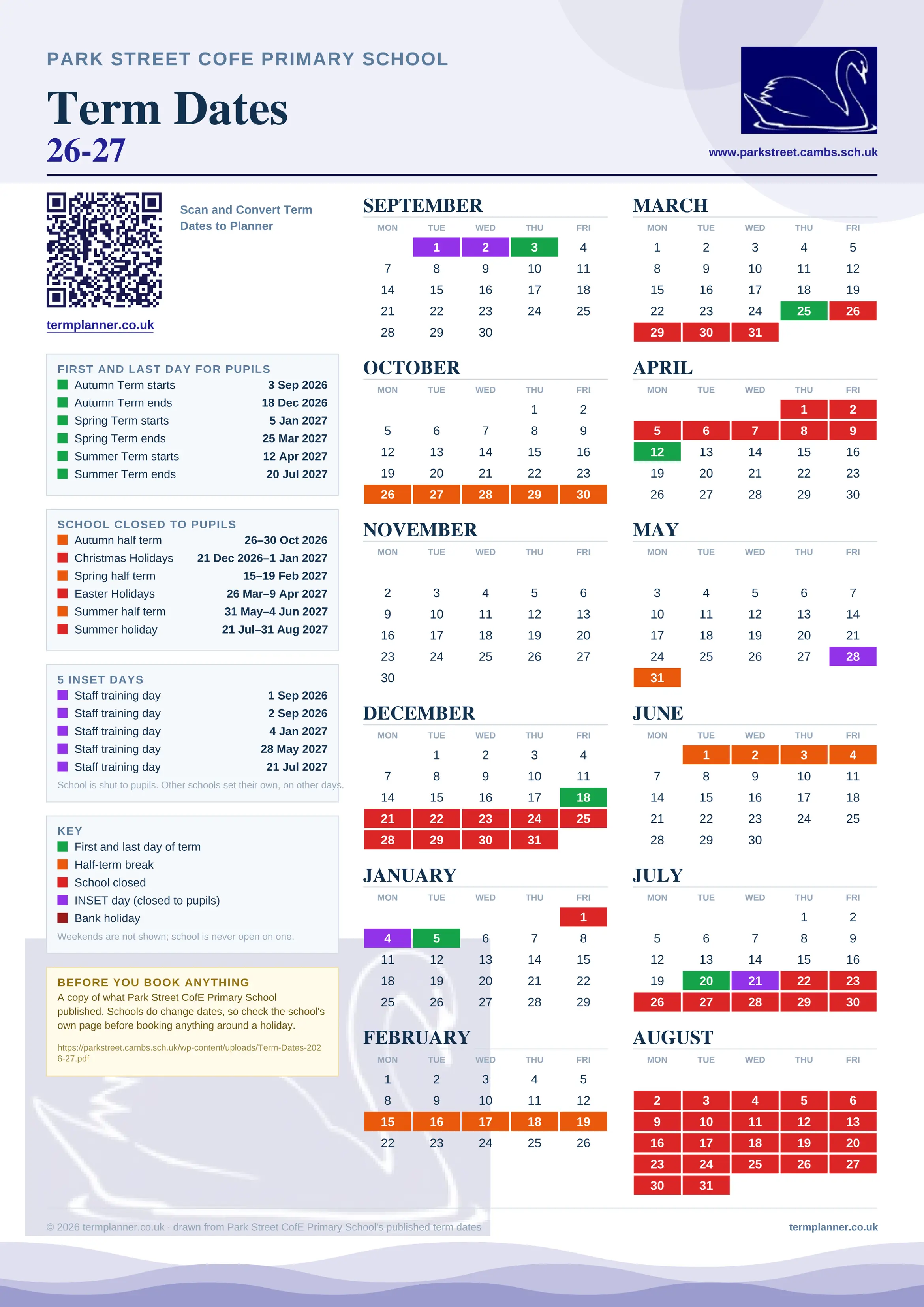 Park Street CofE Primary School’s 2026/27 school year drawn as one sheet: twelve month grids from September to August, Monday to Friday, with autumn term 3 September to 18 December 2026, spring term 5 January to 25 March 2027, summer term 12 April to 20 July 2027. Half terms, holidays and bank holidays are filled in colour, the first and last day of each term is marked, 5 INSET days are picked out, and every date is listed again in words down the left.