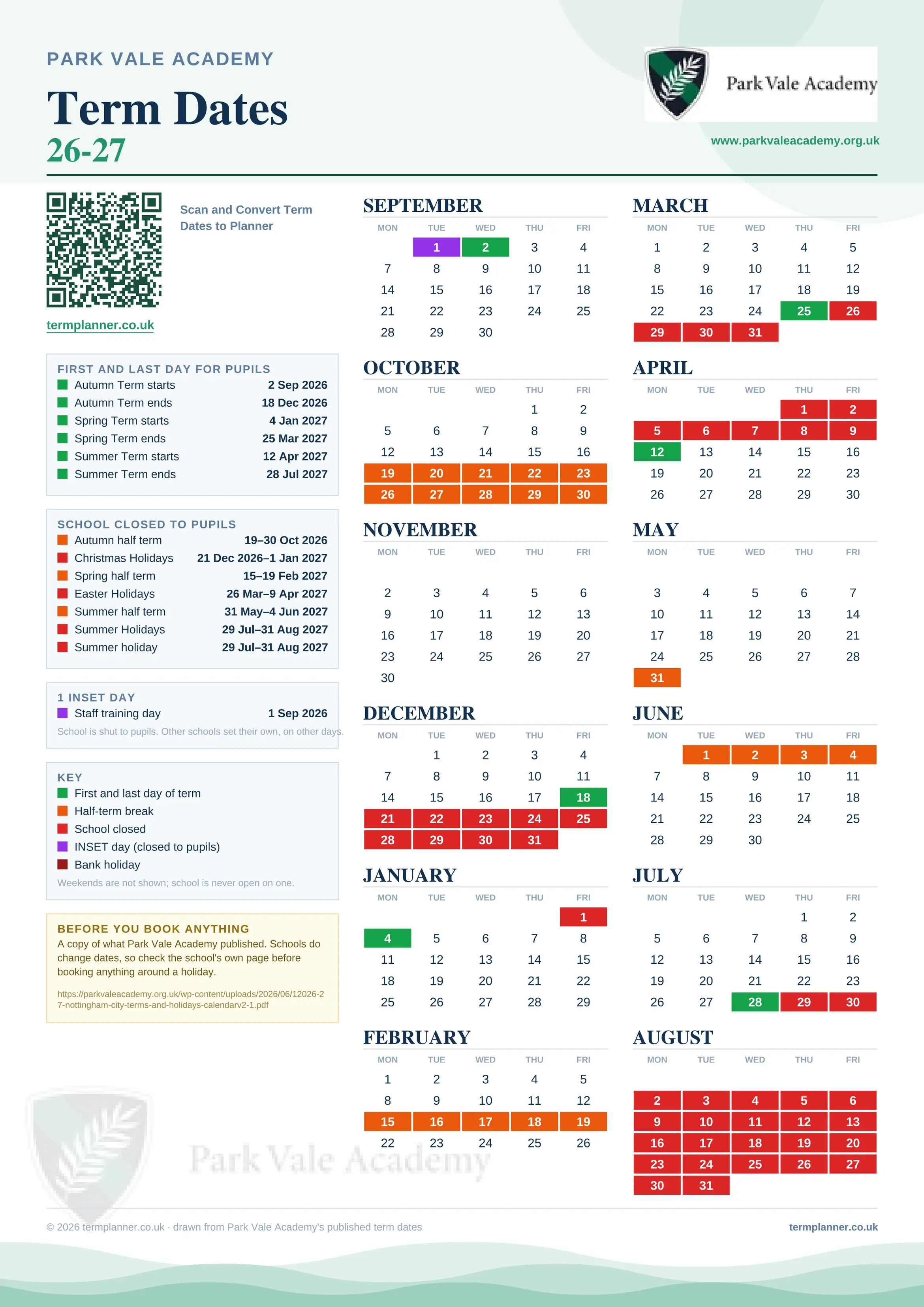 Park Vale Academy’s 2026/27 school year drawn as one sheet: twelve month grids from September to August, Monday to Friday, with autumn term 2 September to 18 December 2026, spring term 4 January to 25 March 2027, summer term 12 April to 28 July 2027. Half terms, holidays and bank holidays are filled in colour, the first and last day of each term is marked, 1 INSET day is picked out, and every date is listed again in words down the left.
