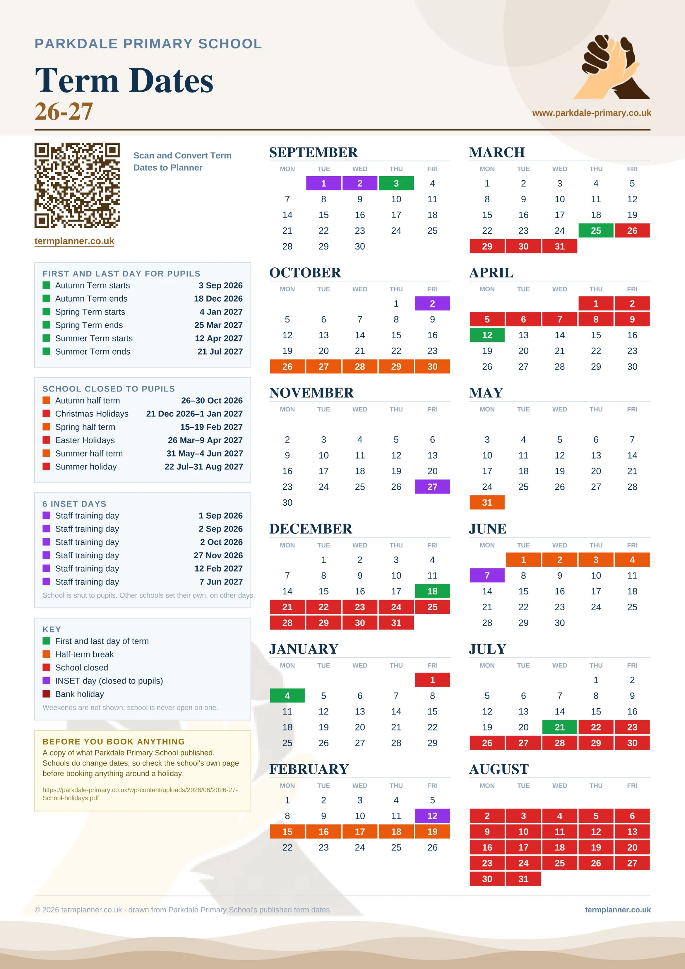 Parkdale Primary School’s 2026/27 school year drawn as one sheet: twelve month grids from September to August, Monday to Friday, with autumn term 3 September to 18 December 2026, spring term 4 January to 25 March 2027, summer term 12 April to 21 July 2027. Half terms, holidays and bank holidays are filled in colour, the first and last day of each term is marked, 6 INSET days are picked out, and every date is listed again in words down the left.