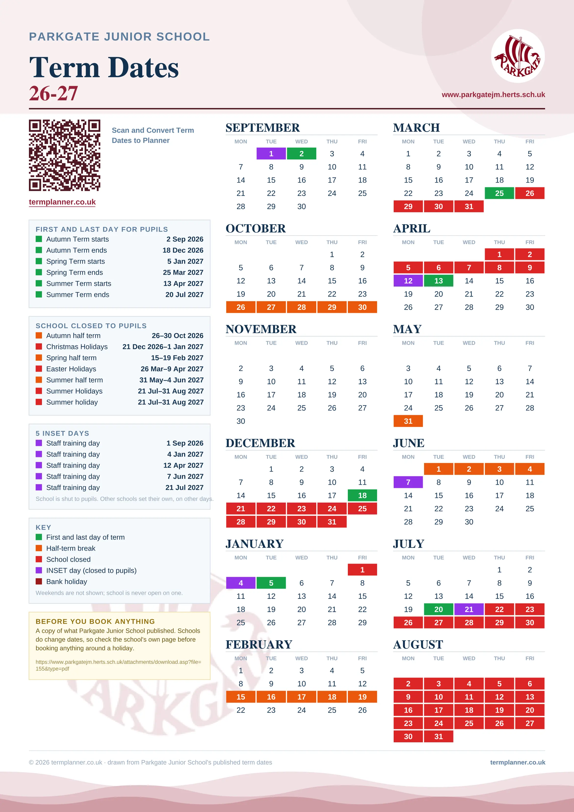 Parkgate Junior School’s 2026/27 school year drawn as one sheet: twelve month grids from September to August, Monday to Friday, with autumn term 2 September to 18 December 2026, spring term 5 January to 25 March 2027, summer term 13 April to 20 July 2027. Half terms, holidays and bank holidays are filled in colour, the first and last day of each term is marked, 5 INSET days are picked out, and every date is listed again in words down the left.