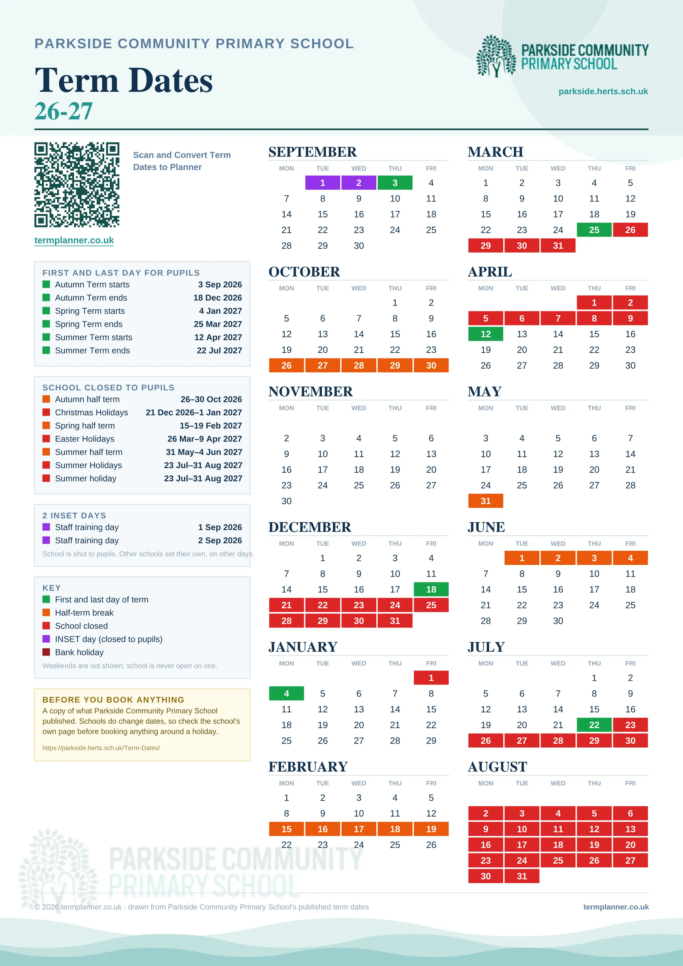 Parkside Community Primary School’s 2026/27 school year drawn as one sheet: twelve month grids from September to August, Monday to Friday, with autumn term 3 September to 18 December 2026, spring term 4 January to 25 March 2027, summer term 12 April to 22 July 2027. Half terms, holidays and bank holidays are filled in colour, the first and last day of each term is marked, 2 INSET days are picked out, and every date is listed again in words down the left.