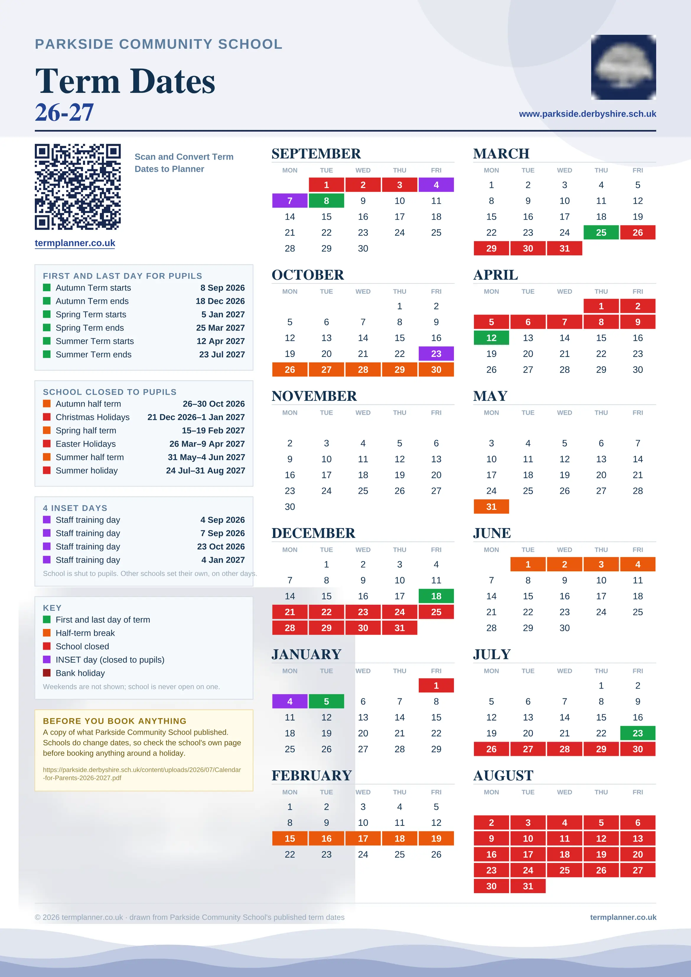 Parkside Community School’s 2026/27 school year drawn as one sheet: twelve month grids from September to August, Monday to Friday, with autumn term 8 September to 18 December 2026, spring term 5 January to 25 March 2027, summer term 12 April to 23 July 2027. Half terms, holidays and bank holidays are filled in colour, the first and last day of each term is marked, 4 INSET days are picked out, and every date is listed again in words down the left.