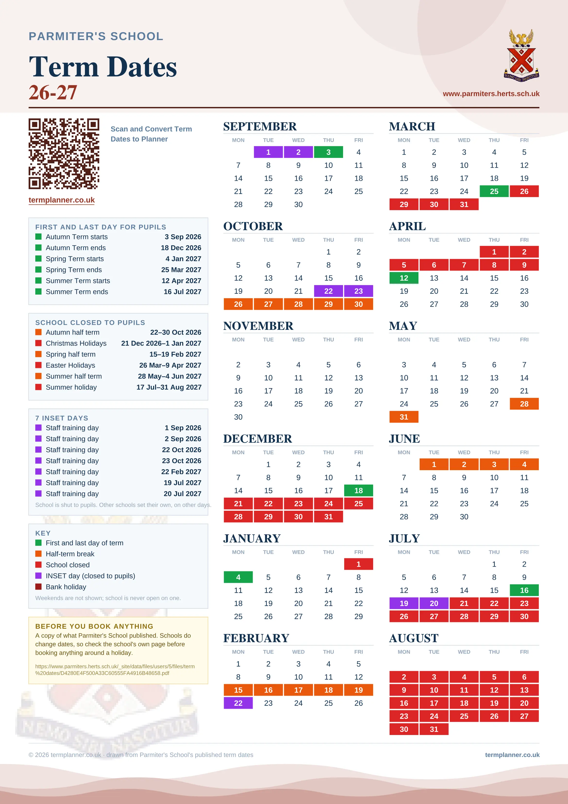 Parmiter's School’s 2026/27 school year drawn as one sheet: twelve month grids from September to August, Monday to Friday, with autumn term 3 September to 18 December 2026, spring term 4 January to 25 March 2027, summer term 12 April to 16 July 2027. Half terms, holidays and bank holidays are filled in colour, the first and last day of each term is marked, 7 INSET days are picked out, and every date is listed again in words down the left.
