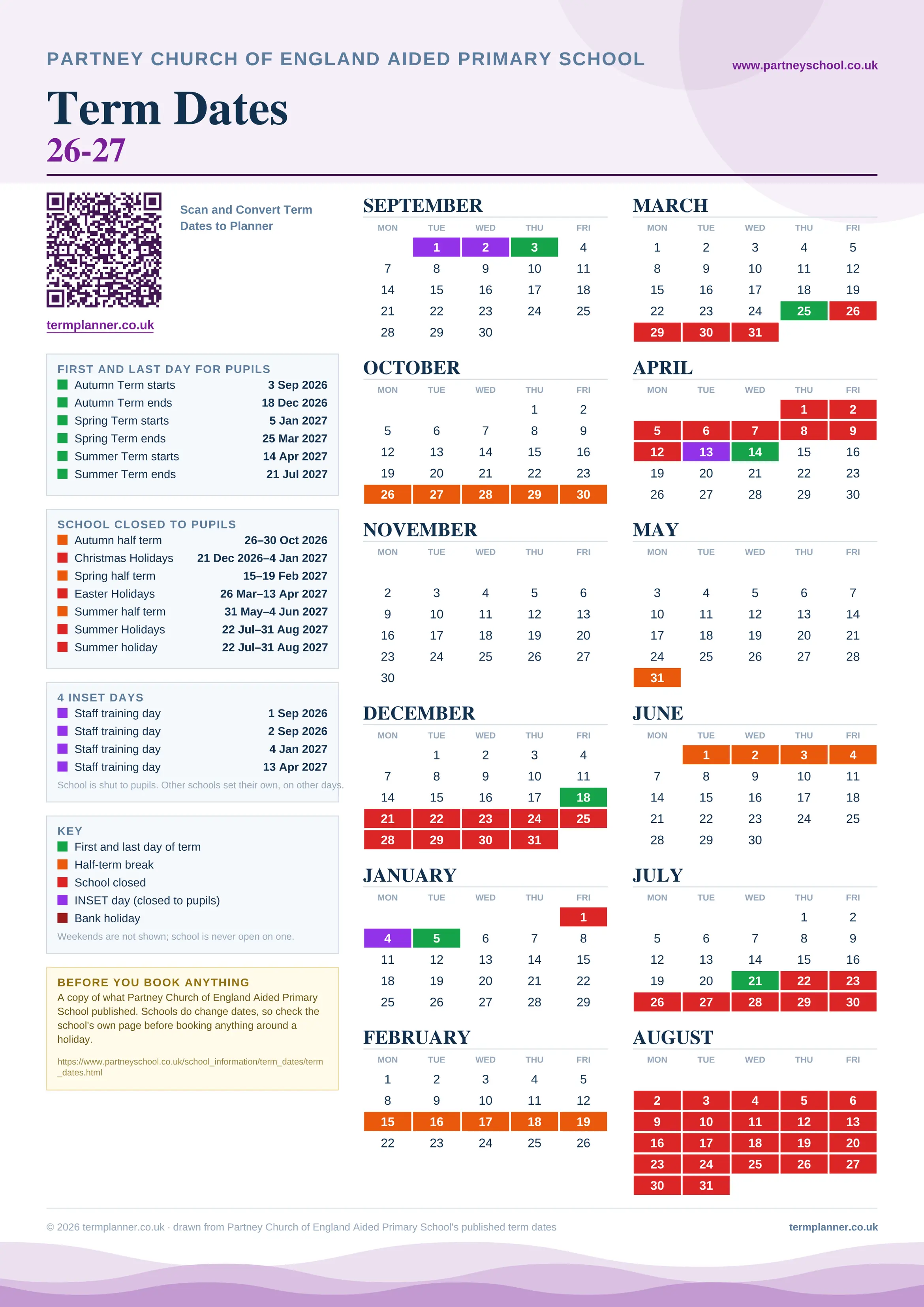Partney Church of England Aided Primary School’s 2026/27 school year drawn as one sheet: twelve month grids from September to August, Monday to Friday, with autumn term 3 September to 18 December 2026, spring term 5 January to 25 March 2027, summer term 14 April to 21 July 2027. Half terms, holidays and bank holidays are filled in colour, the first and last day of each term is marked, 4 INSET days are picked out, and every date is listed again in words down the left.
