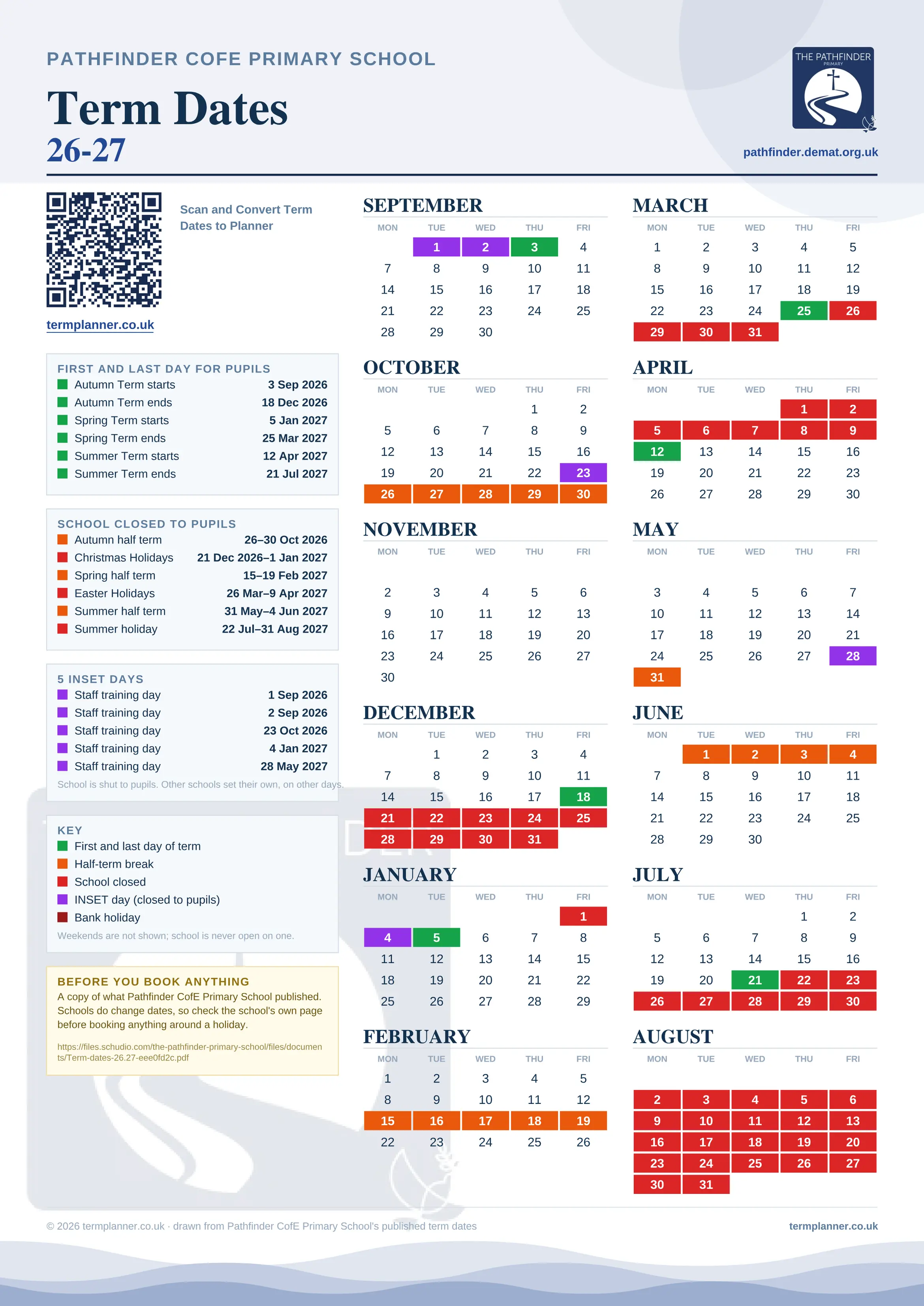 Pathfinder CofE Primary School’s 2026/27 school year drawn as one sheet: twelve month grids from September to August, Monday to Friday, with autumn term 3 September to 18 December 2026, spring term 5 January to 25 March 2027, summer term 12 April to 21 July 2027. Half terms, holidays and bank holidays are filled in colour, the first and last day of each term is marked, 5 INSET days are picked out, and every date is listed again in words down the left.