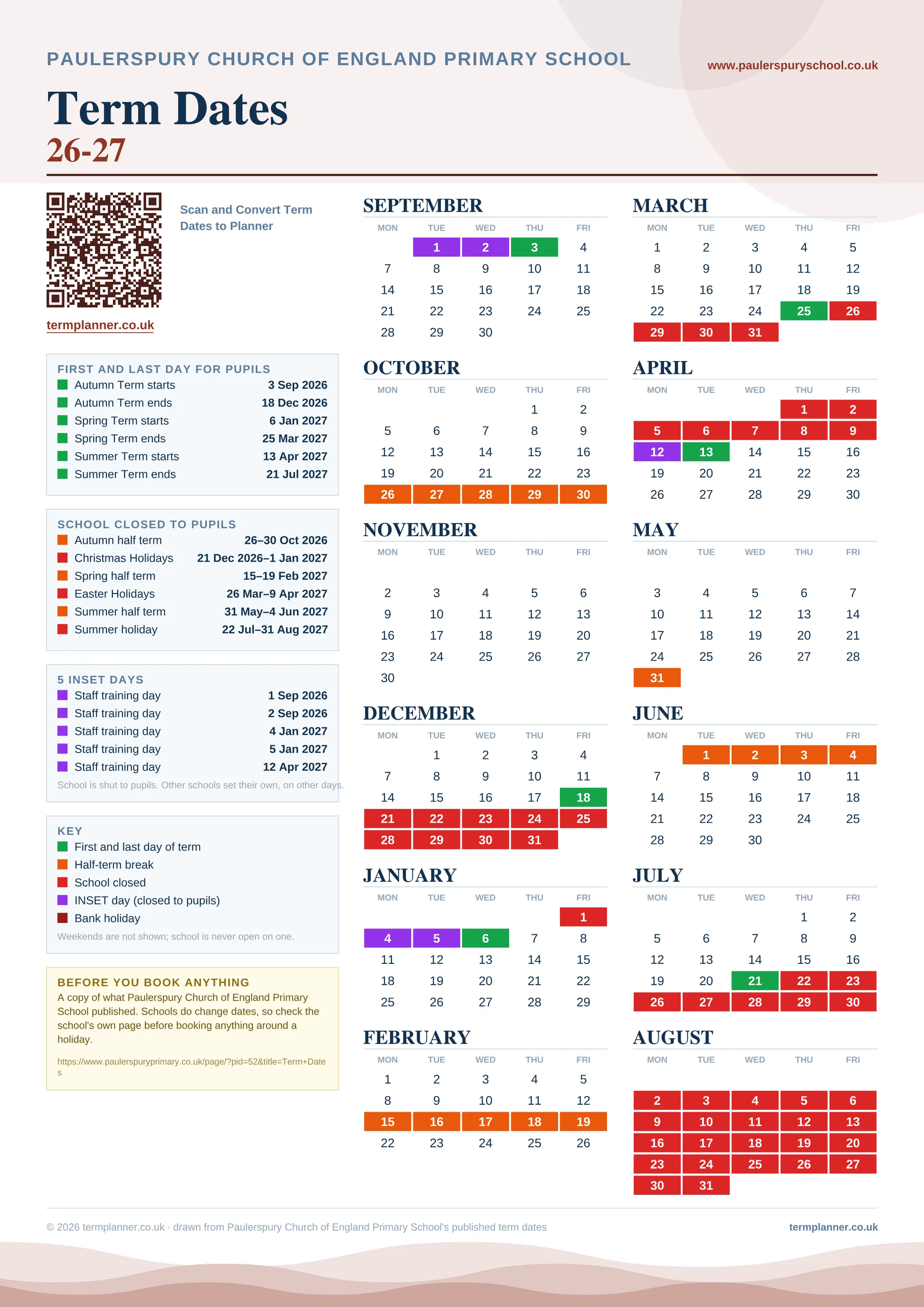 Paulerspury Church of England Primary School’s 2026/27 school year drawn as one sheet: twelve month grids from September to August, Monday to Friday, with autumn term 3 September to 18 December 2026, spring term 6 January to 25 March 2027, summer term 13 April to 21 July 2027. Half terms, holidays and bank holidays are filled in colour, the first and last day of each term is marked, 5 INSET days are picked out, and every date is listed again in words down the left.