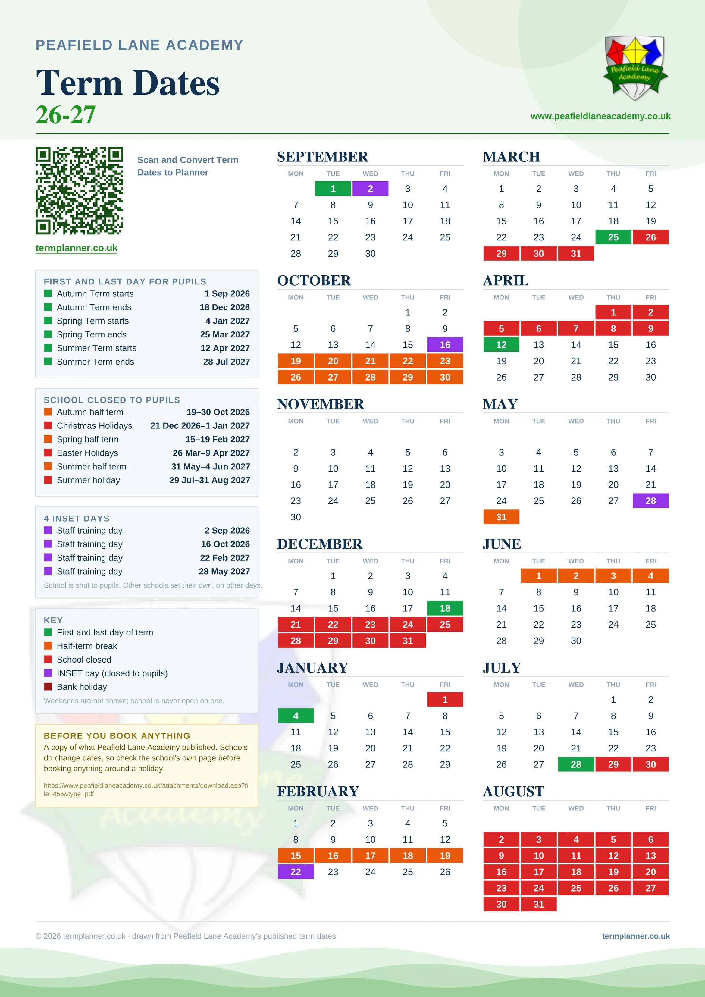 Peafield Lane Academy’s 2026/27 school year drawn as one sheet: twelve month grids from September to August, Monday to Friday, with autumn term 1 September to 18 December 2026, spring term 4 January to 25 March 2027, summer term 12 April to 28 July 2027. Half terms, holidays and bank holidays are filled in colour, the first and last day of each term is marked, 4 INSET days are picked out, and every date is listed again in words down the left.