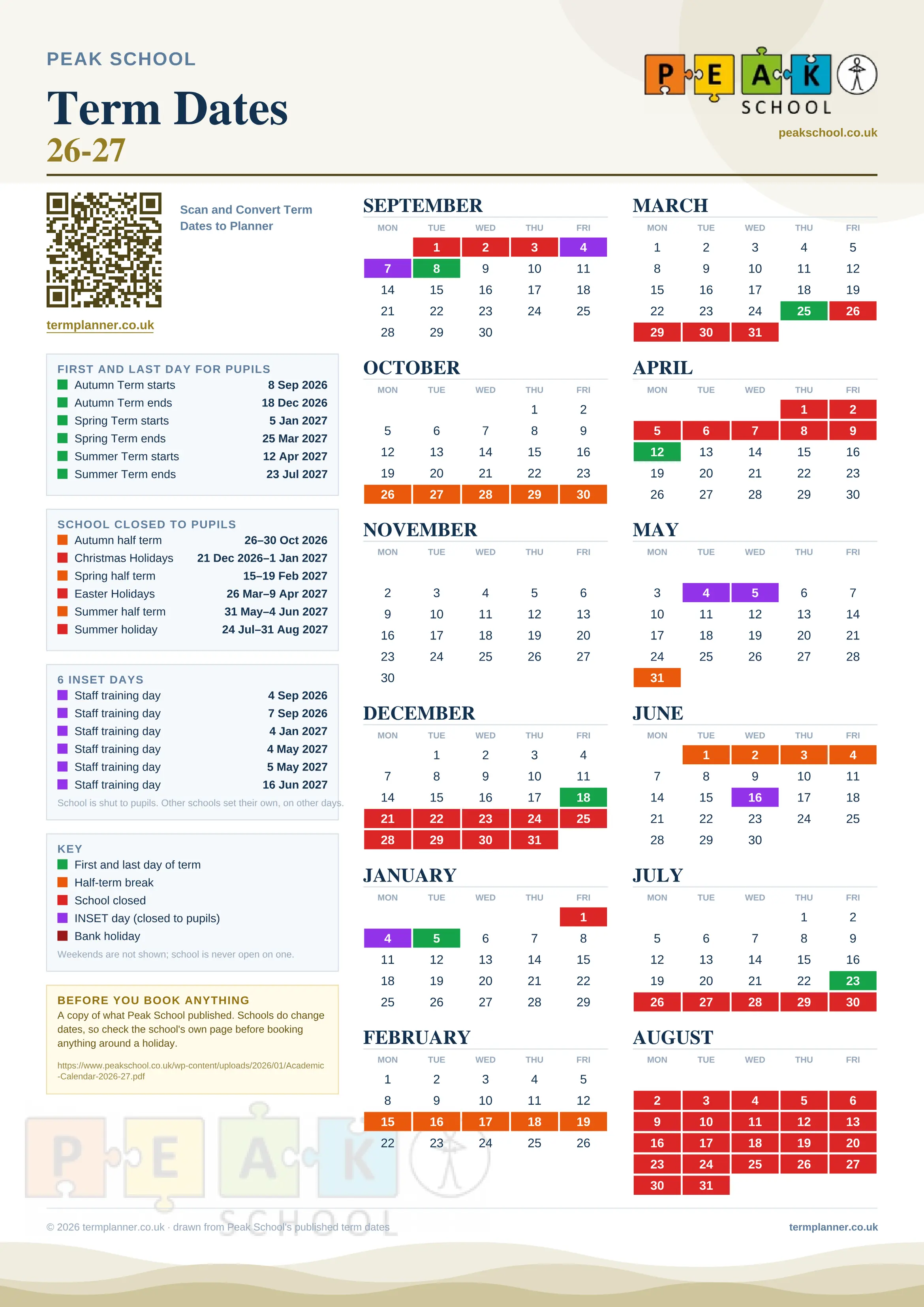 Peak School’s 2026/27 school year drawn as one sheet: twelve month grids from September to August, Monday to Friday, with autumn term 8 September to 18 December 2026, spring term 5 January to 25 March 2027, summer term 12 April to 23 July 2027. Half terms, holidays and bank holidays are filled in colour, the first and last day of each term is marked, 6 INSET days are picked out, and every date is listed again in words down the left.