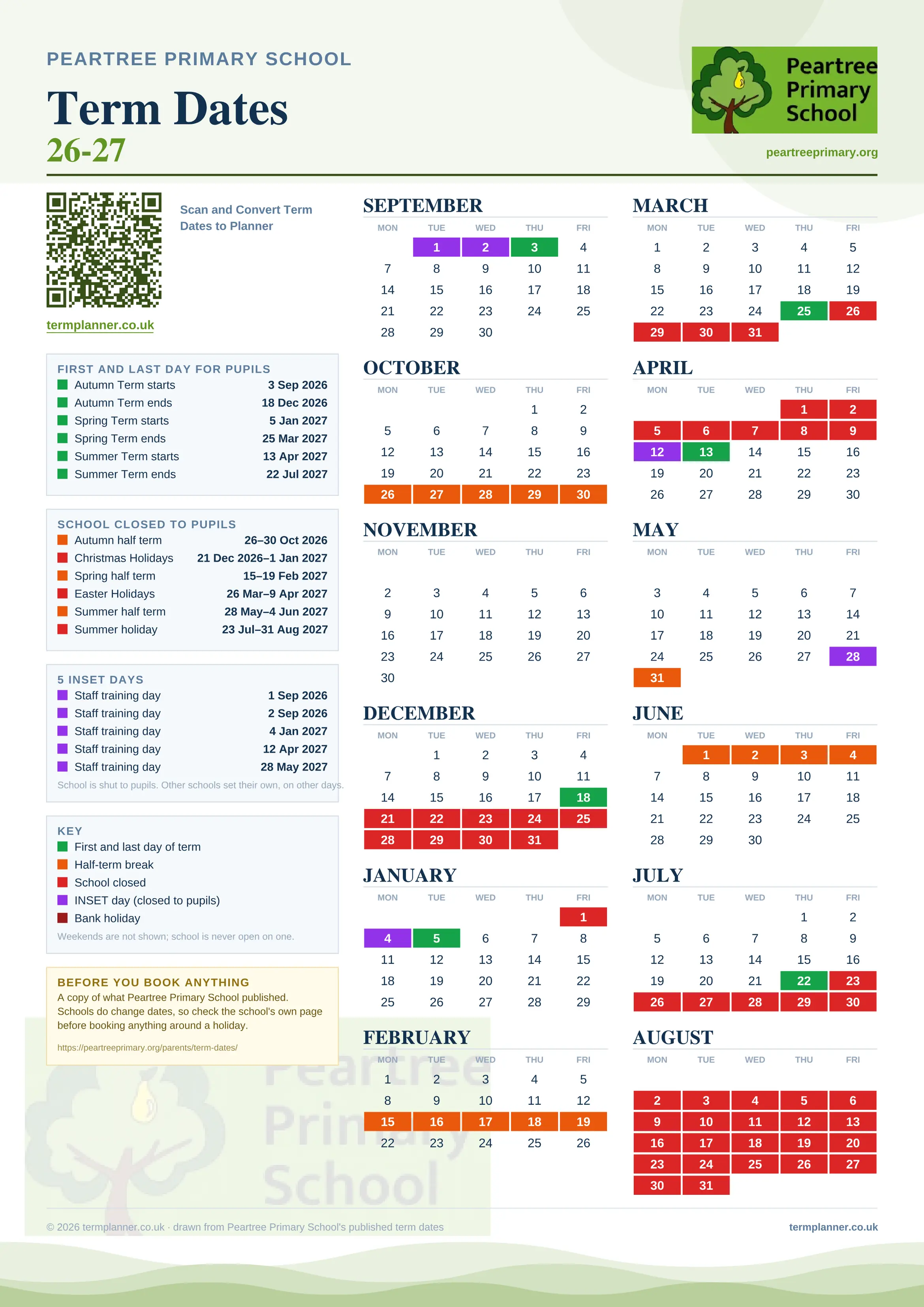 Peartree Primary School’s 2026/27 school year drawn as one sheet: twelve month grids from September to August, Monday to Friday, with autumn term 3 September to 18 December 2026, spring term 5 January to 25 March 2027, summer term 13 April to 22 July 2027. Half terms, holidays and bank holidays are filled in colour, the first and last day of each term is marked, 5 INSET days are picked out, and every date is listed again in words down the left.